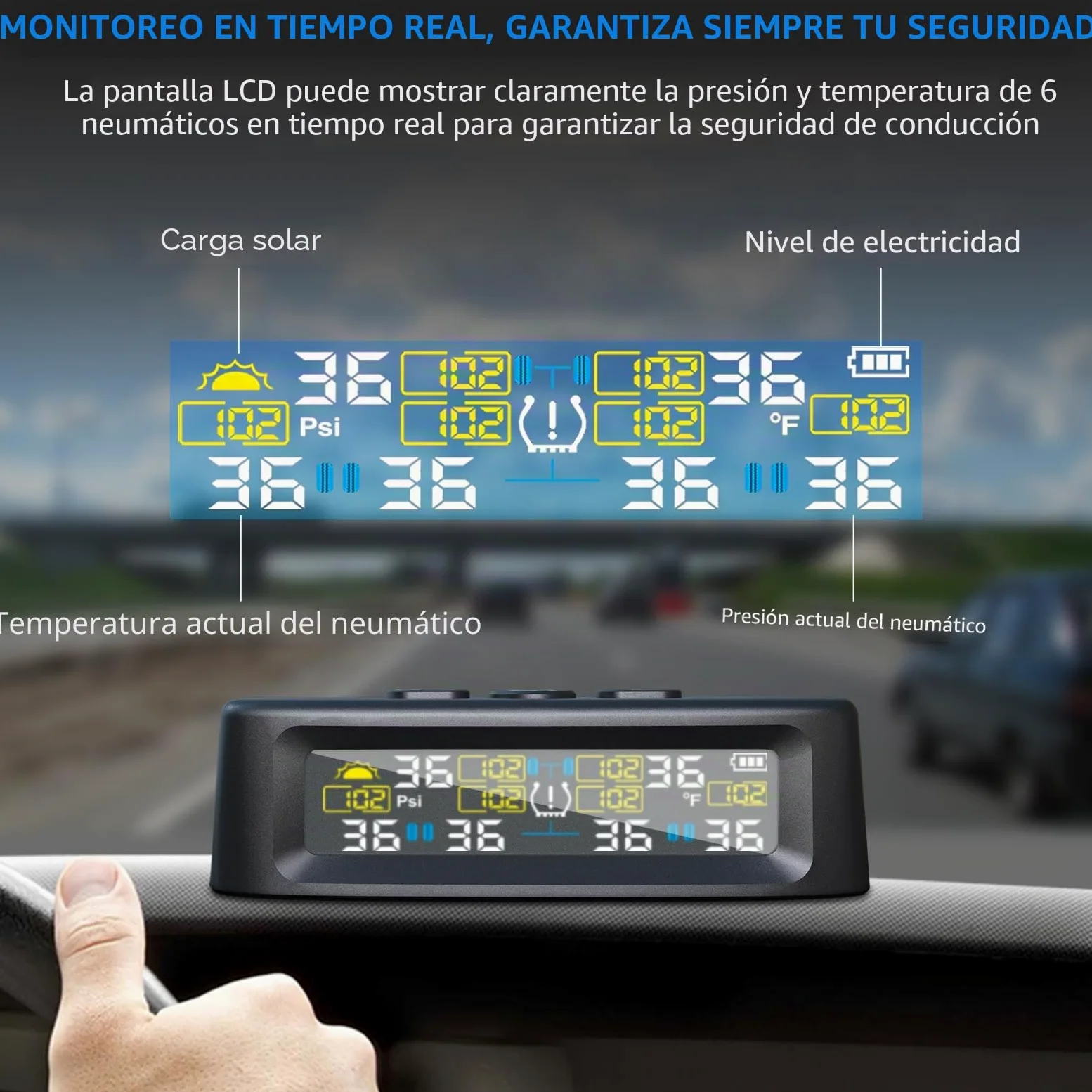 Sistema de control de presión de neumáticos KAOLALI compatible con 6 ruedas, con monitor de presión de neumáticos con pantalla digital, 9,9 bares/144 PSI máx., carga solar y USB, para camiones
