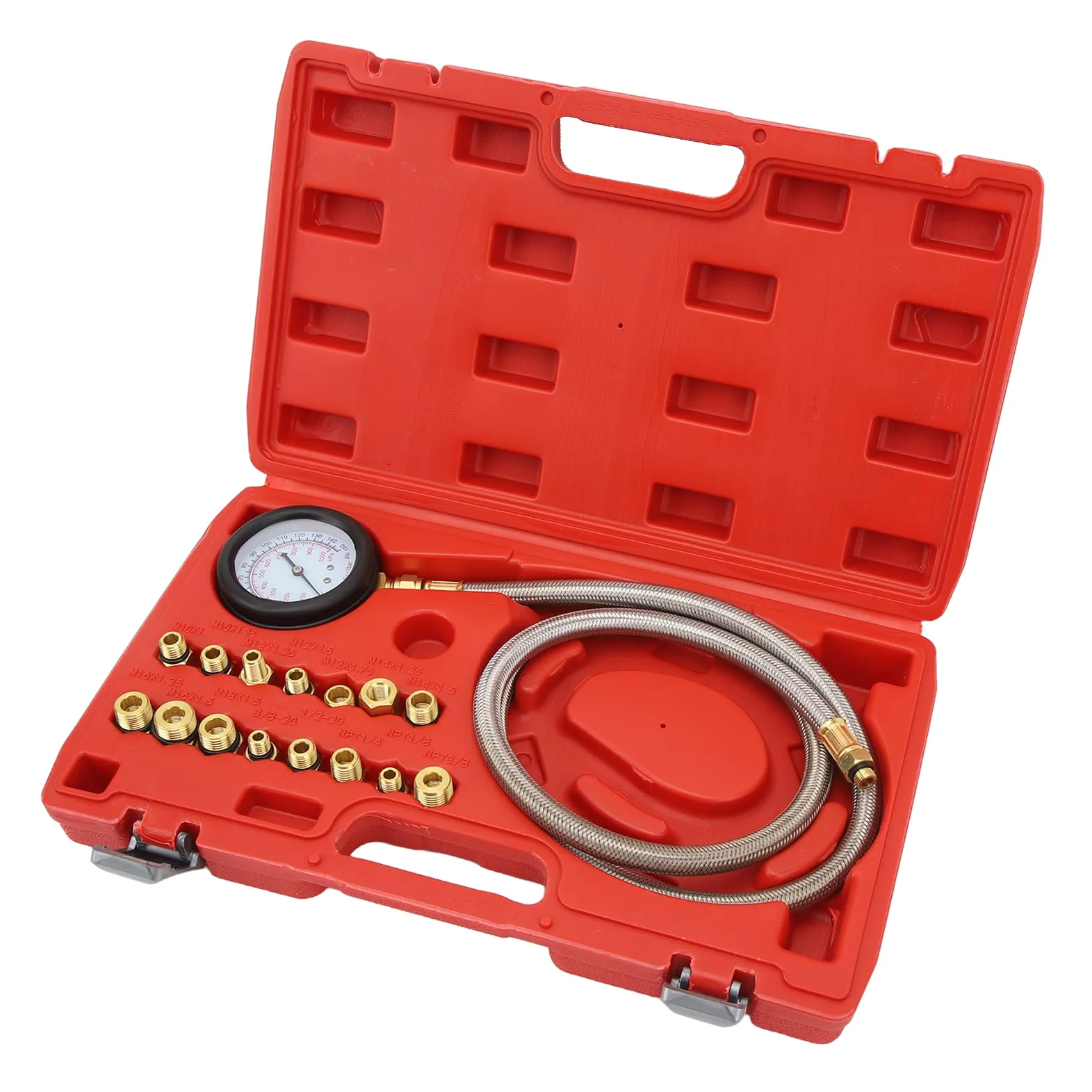 Probador de presión de aceite, kit de medidor de 0-150 PSI con 15 adaptadores, herramienta de diagnóstico de motor de manguera flexible para servicio de vehículos
