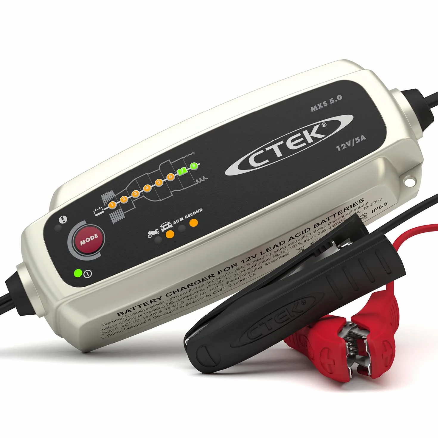 CTEK MXS 5.0, Cargador Batería 12V 5A con Compensación De Temperatura Incorporada, Cargador De Batería De Coche Y Moto, Cargador Inteligente Baterias, Mantenedor De Batería con Opción De AGM Dedicada