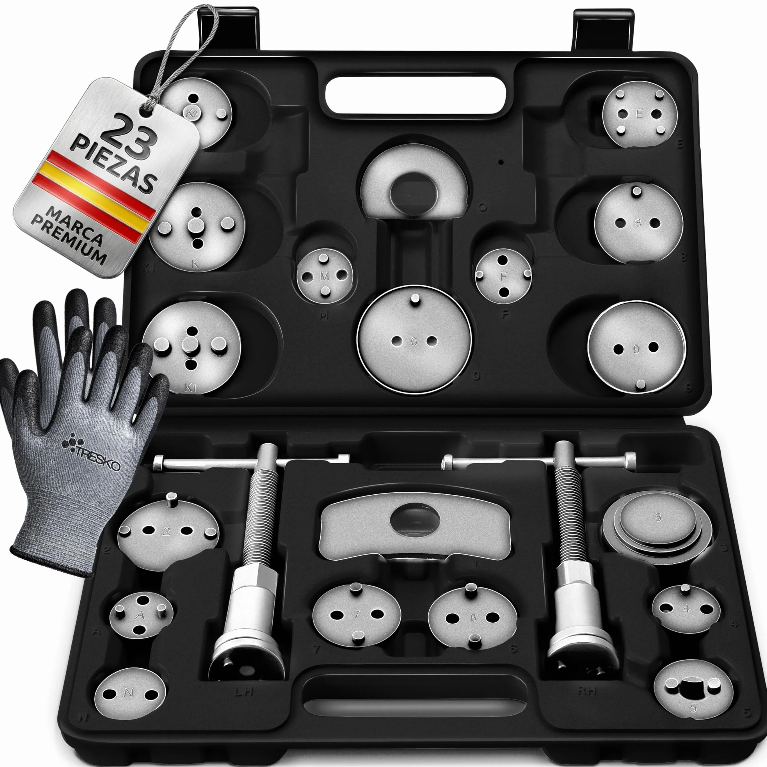 TRESKO® Reposicionador de pistones de Freno 23 Piezas Incl. Guantes para reposicionar el pistón de Freno al Cambiar los Discos, Las Zapatas o Las Pastillas de Freno