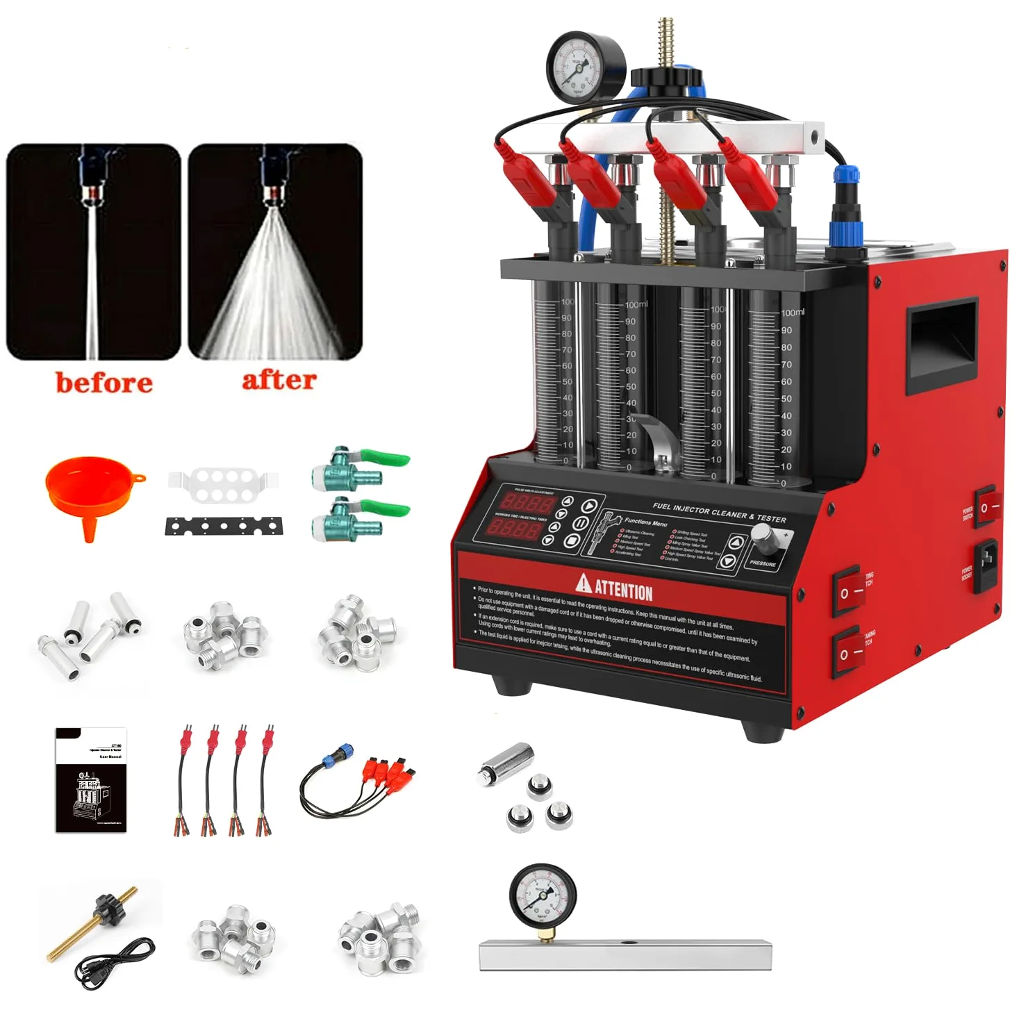 Limpiador de inyectores CT160 con calefacción, probador de inyectores para motores de 4 cilindros,para inyectores de gasolina de inyección directa con boquilla piezoeléctrica de 11 funciones,110V/220V | 11 programas de prueba, limpieza ultrasónica con cal