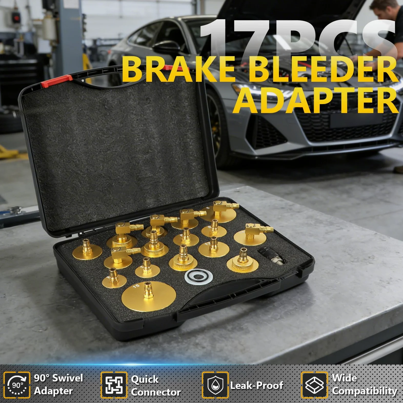 MRCARTOOL Juego de 17 Adaptadores para Purga de Frenos de Coche con 16 Purgadores de Frenos y 1 Acoplamiento Rápido, Juego de Herramientas de Purga de Cilindro de Freno Principal