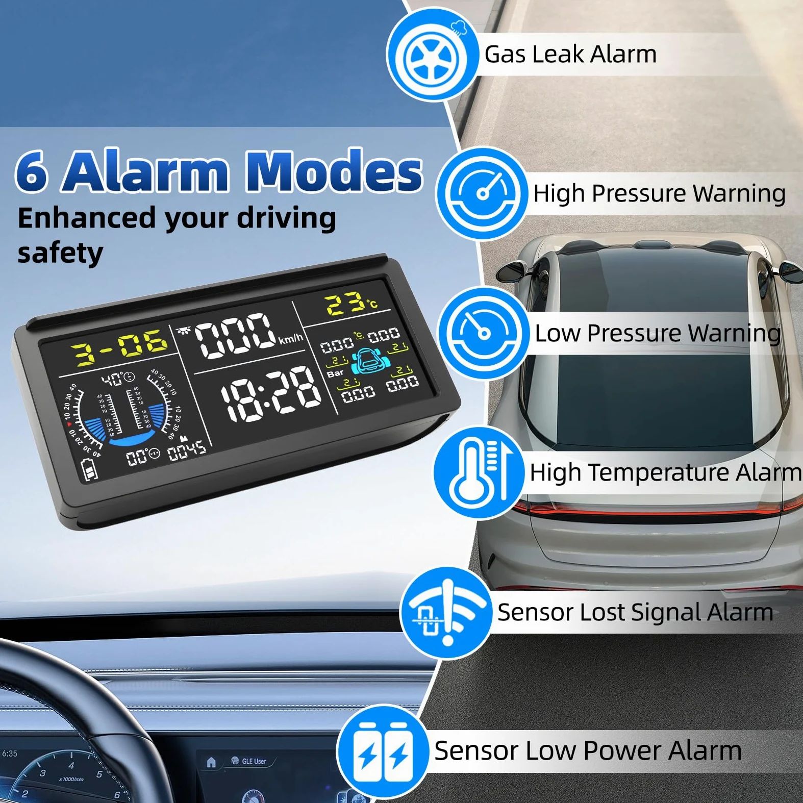 Sistema de Monitoreo de Presión de Neumáticos TPMS 0-199psi, Solar USB, Sensores de Núcleo de Cobre, 6 Modos de Alerta Incluyendo Alerta de Exceso de Velocidad Vehículo Remolque Caravana