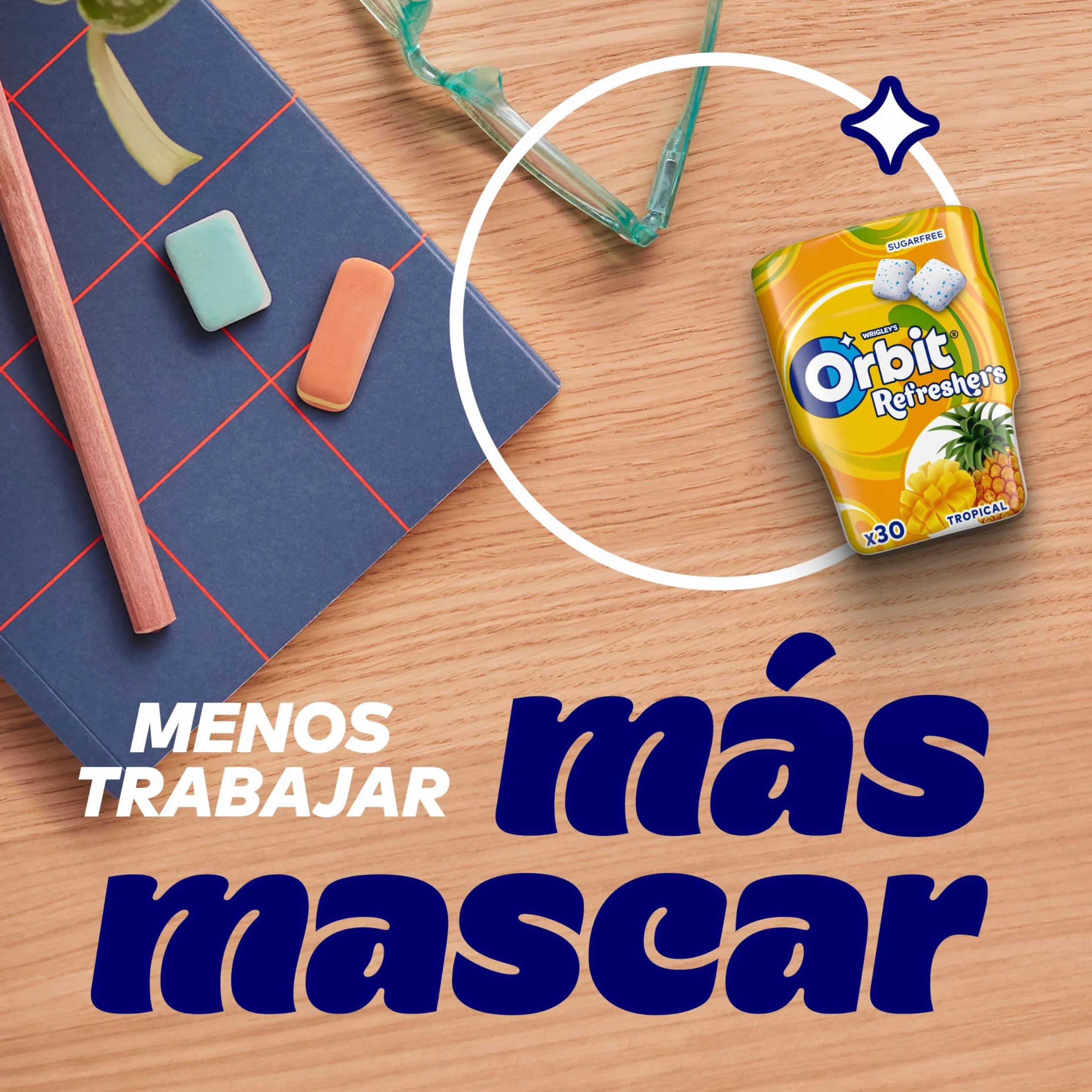 Orbit Bote de Chicles Sin Azúcar Sabor Tropical, Afrutado, Intenso y de Larga Duración (6 x 30 chicles)
