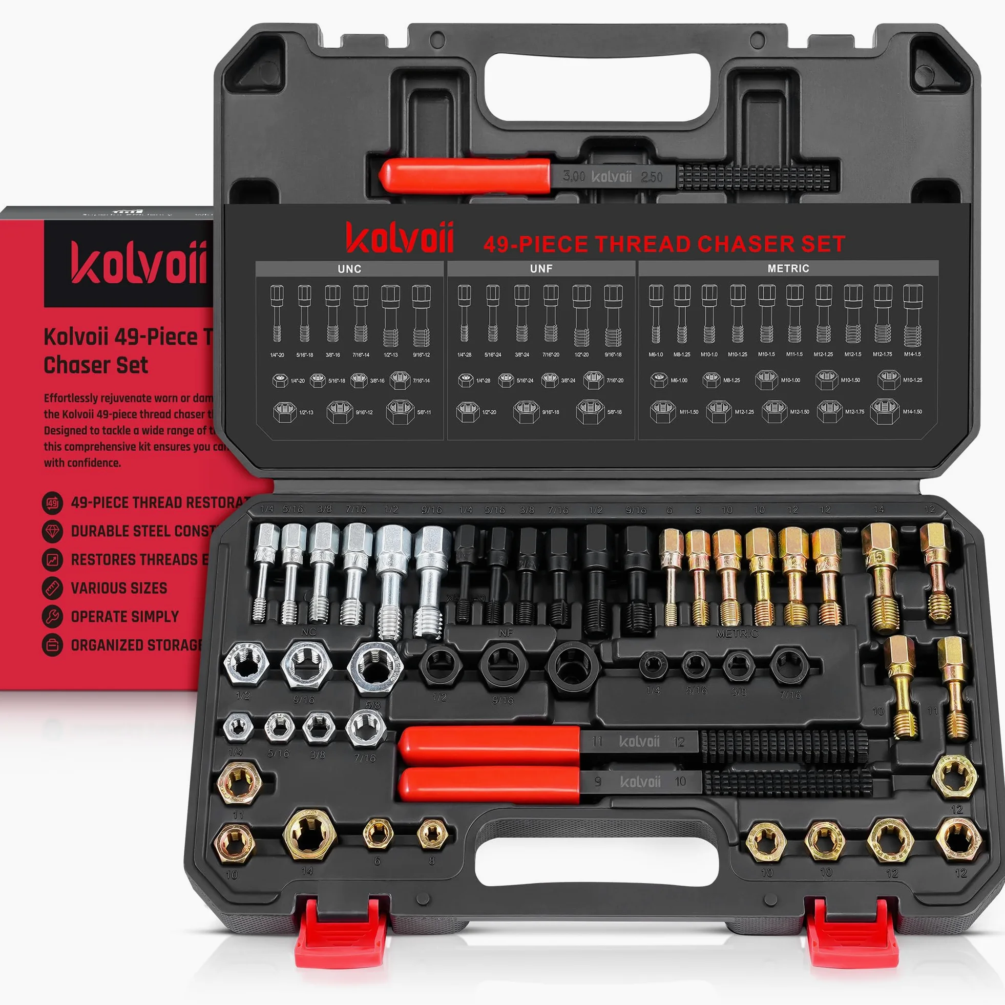 Kolvoii Kit de 49 piezas de rosca, kit de reparación de roscas métricas y SAE con grifos, troqueles y limas - UNC, UNF, pernos dañados de rerosca métrica, tuercas y agujeros, codificados por colores