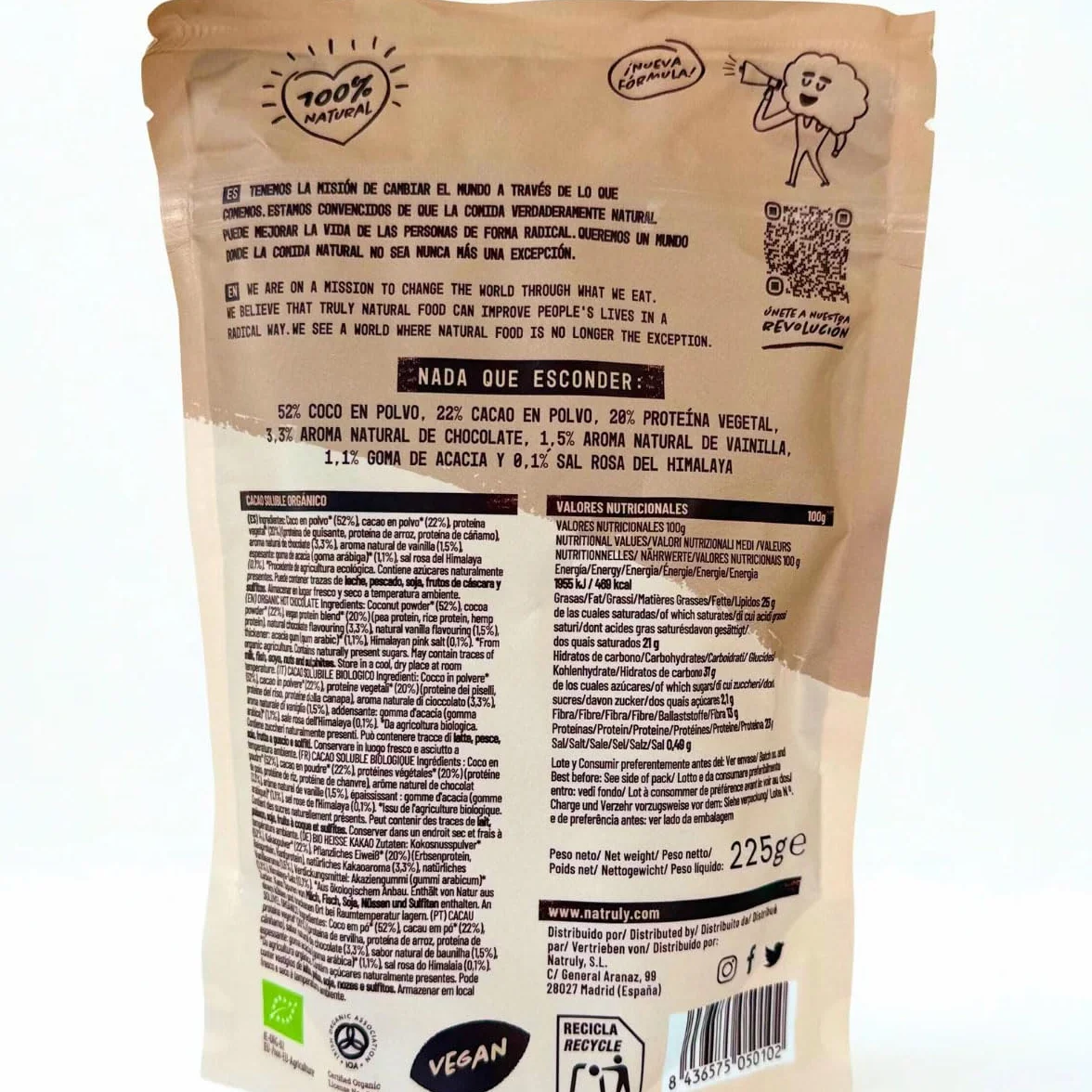 Natruly Cacao Soluble con Proteína 225 g Pack 2 x 225 g (450 g total) – Cacao instantáneo con proteína, sabor chocolate suave