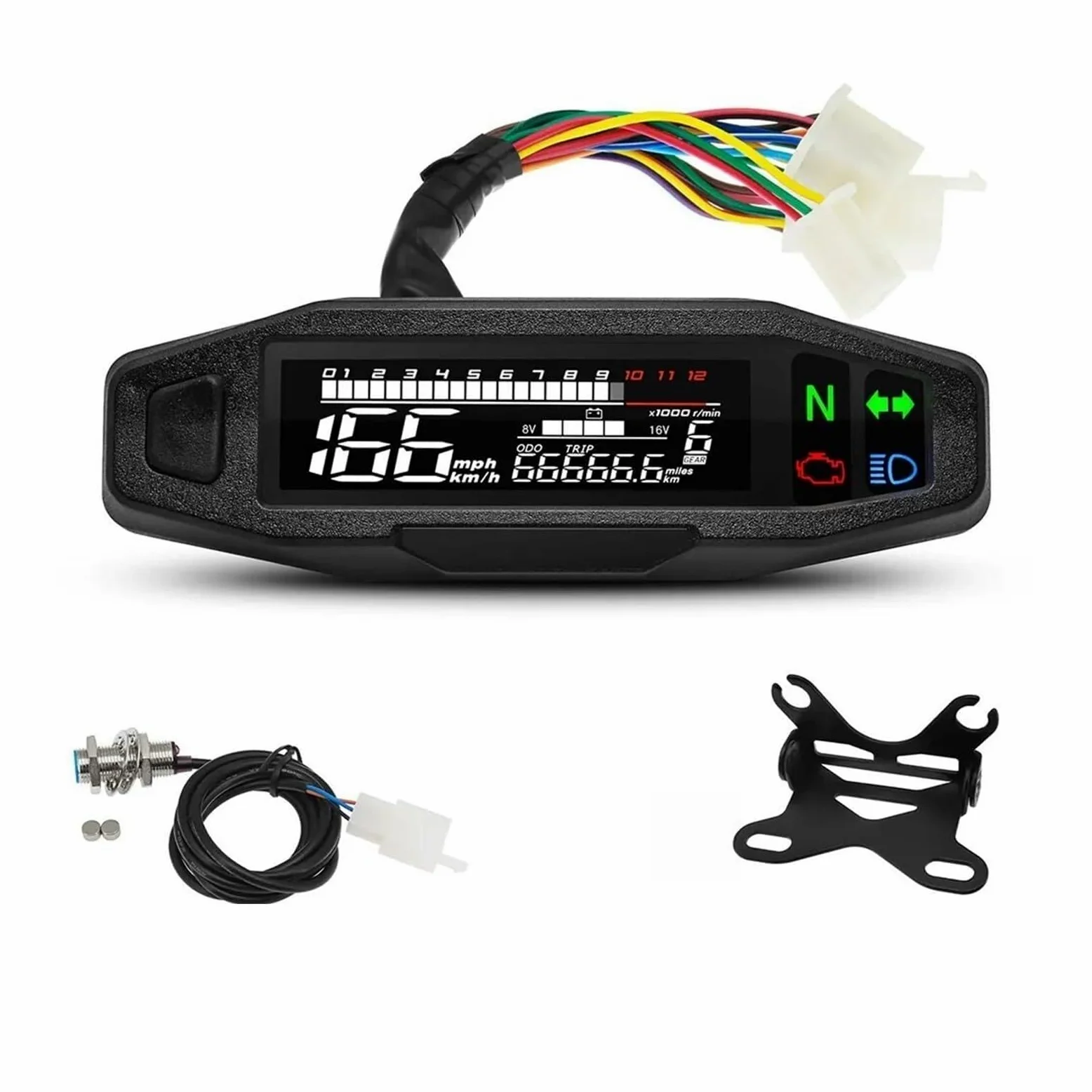 AD Universal Motocicleta Velocímetro Medidor De Velocidad Digital LED Tacómetro Tablero Instrumento Panel Medidor Pantalla LCD Y Soporte(MT0069-M040-6)