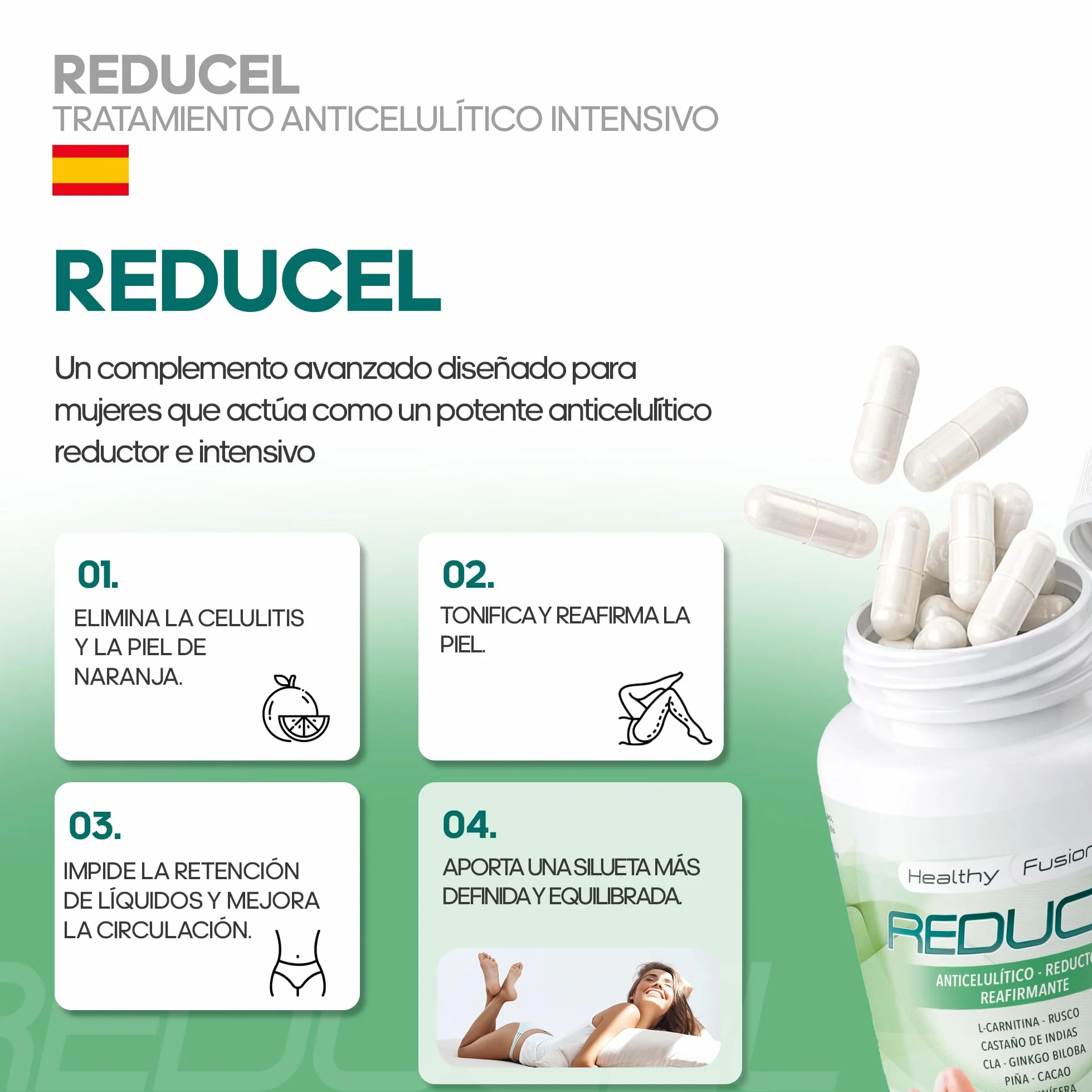 Reducel Potente Reafirmante Anticelulítico 100 Cápsulas L-Carnitina Cafeína CLA