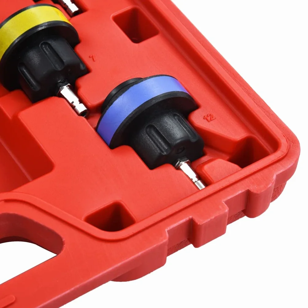 Comprobador de presión de 14 piezas para sistemas de refrigeración y tapa del radiador con 12 adaptadores, rango de presión 0-2,5 bar, maletín de almacenamiento rojo, universal para coche