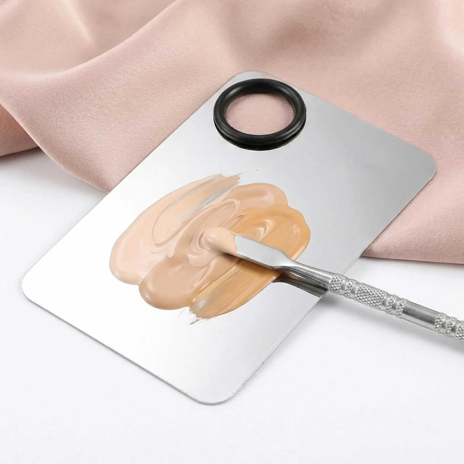 Paleta Maquillaje Acero Inoxidable con Espátula, Kit Mezclar Base Correctores Plata