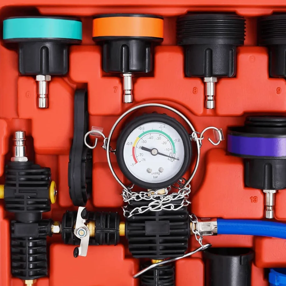 Juego de herramientas de prueba de presión para sistemas de refrigeración, bomba de mano con manómetro de 0 a 35 psi, 4 adaptadores de acero cromado, indicador de temperatura, maletín de