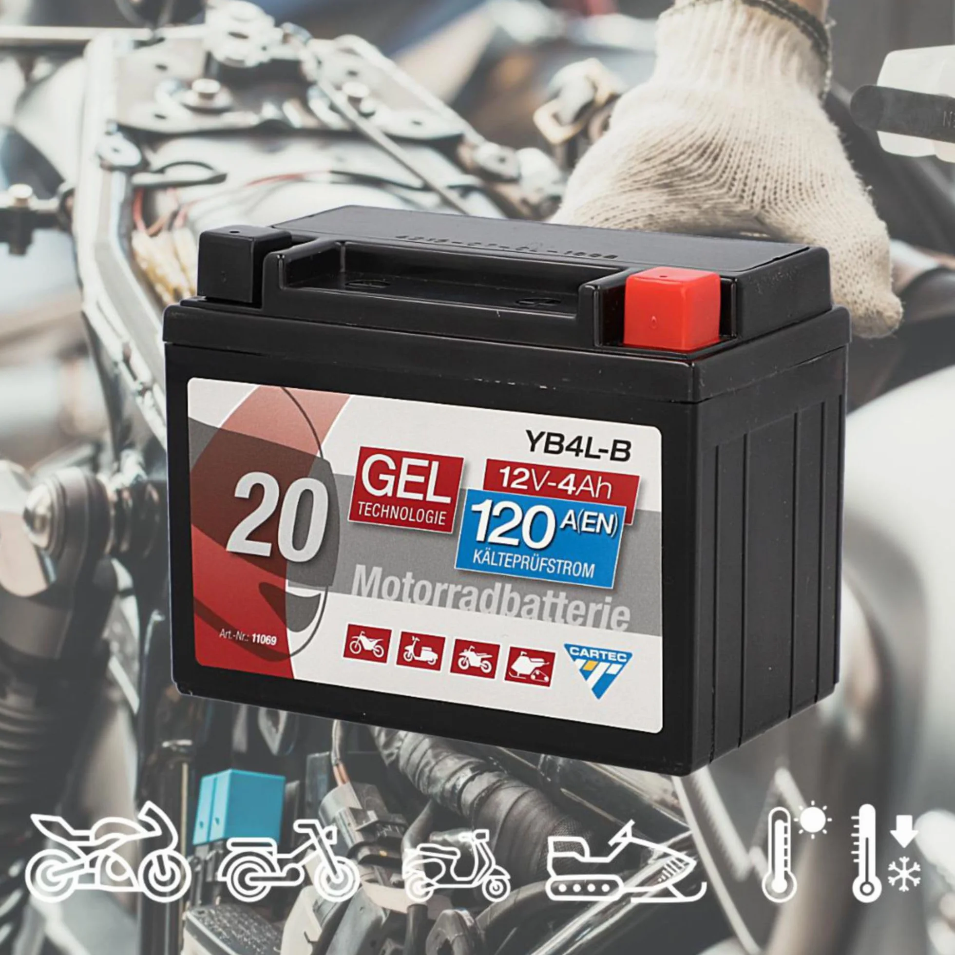 Batería de motocicleta Cartec YB4L-B 4Ah 56A Batería de tecnología de gel Calidad OEM Almacenamiento a prueba de ciclos Sin mantenimiento