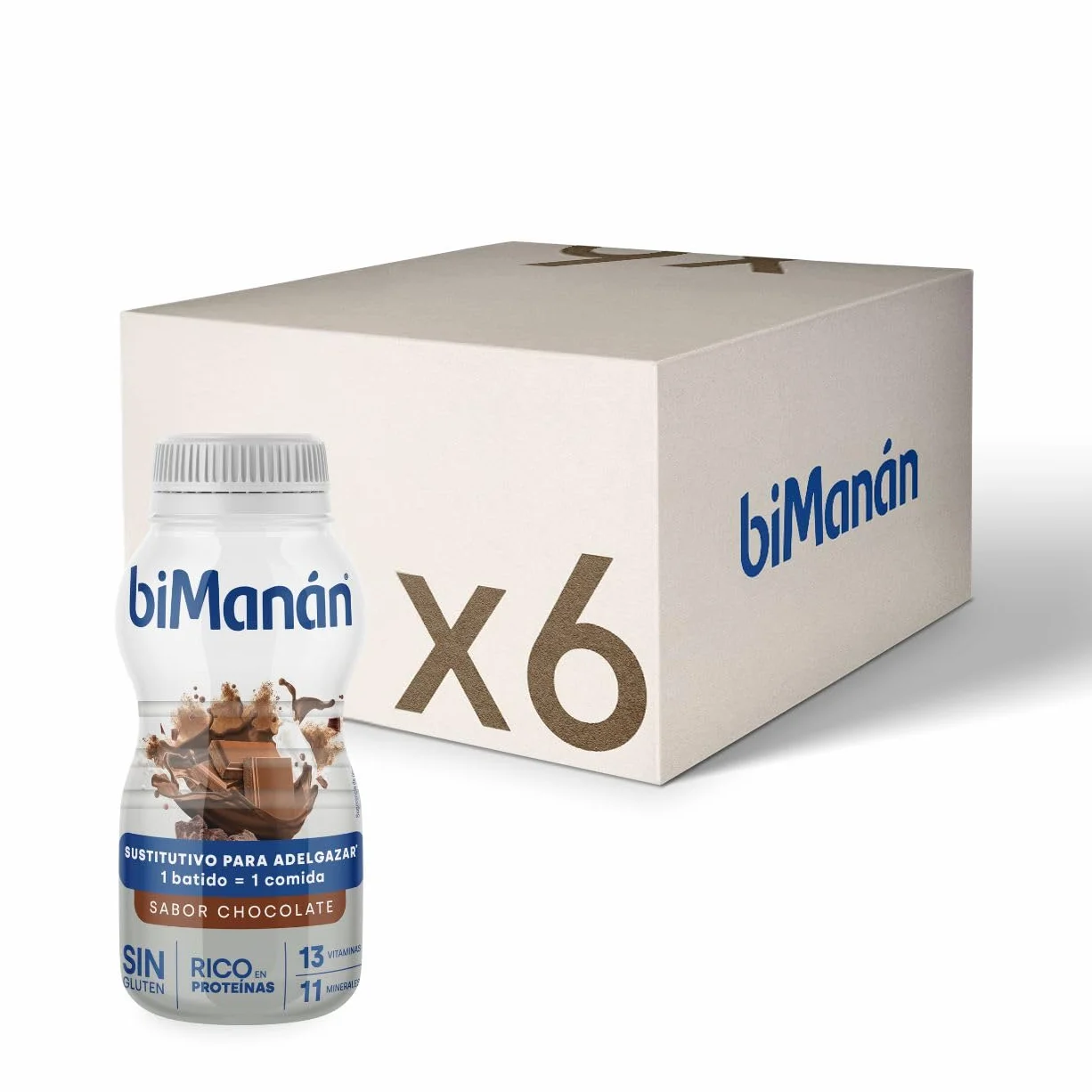 BiManán Batido Sustitutivo de Comidas Chocolate Sin Gluten Proteína Vitaminas Minerales Pack 6 Unidades