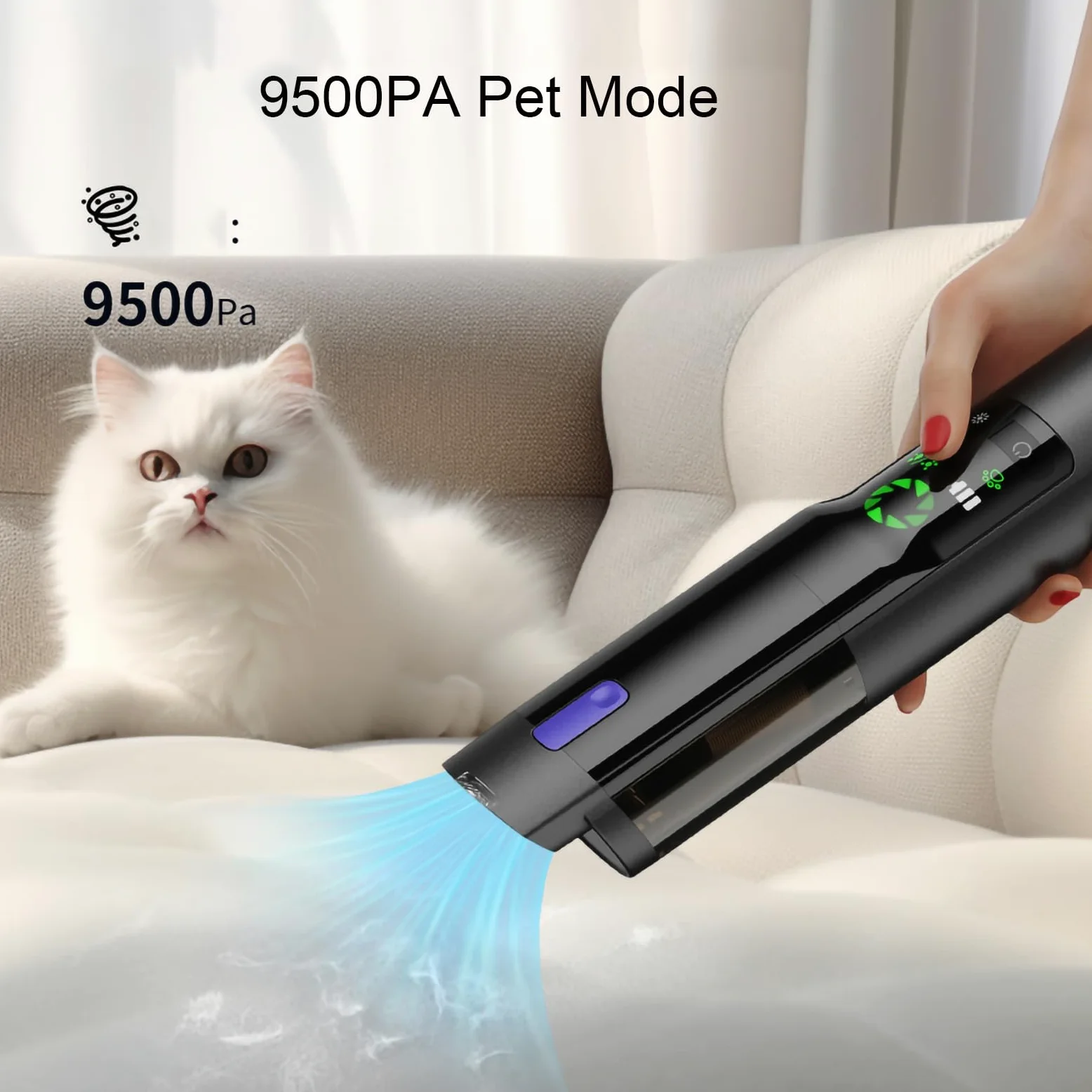Aspiradora para Coche con Potente succión de 17000 Pa, Modo de luz Verde, 2500 mAh*3, 2 en 1 con boquillas de inflado, autonomía de 40 Minutos, para Coche y hogar,Black