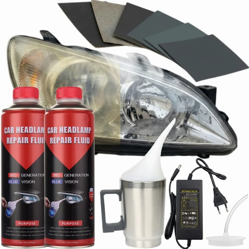 Kit Completo de Restauración y Pulido de Faros de Coche - Incluye 2 Botes de Solución Abrillantadora (800g) y Aplicador Térmico de Acero Inoxidable. Elimina Arañazos y Amarilleo