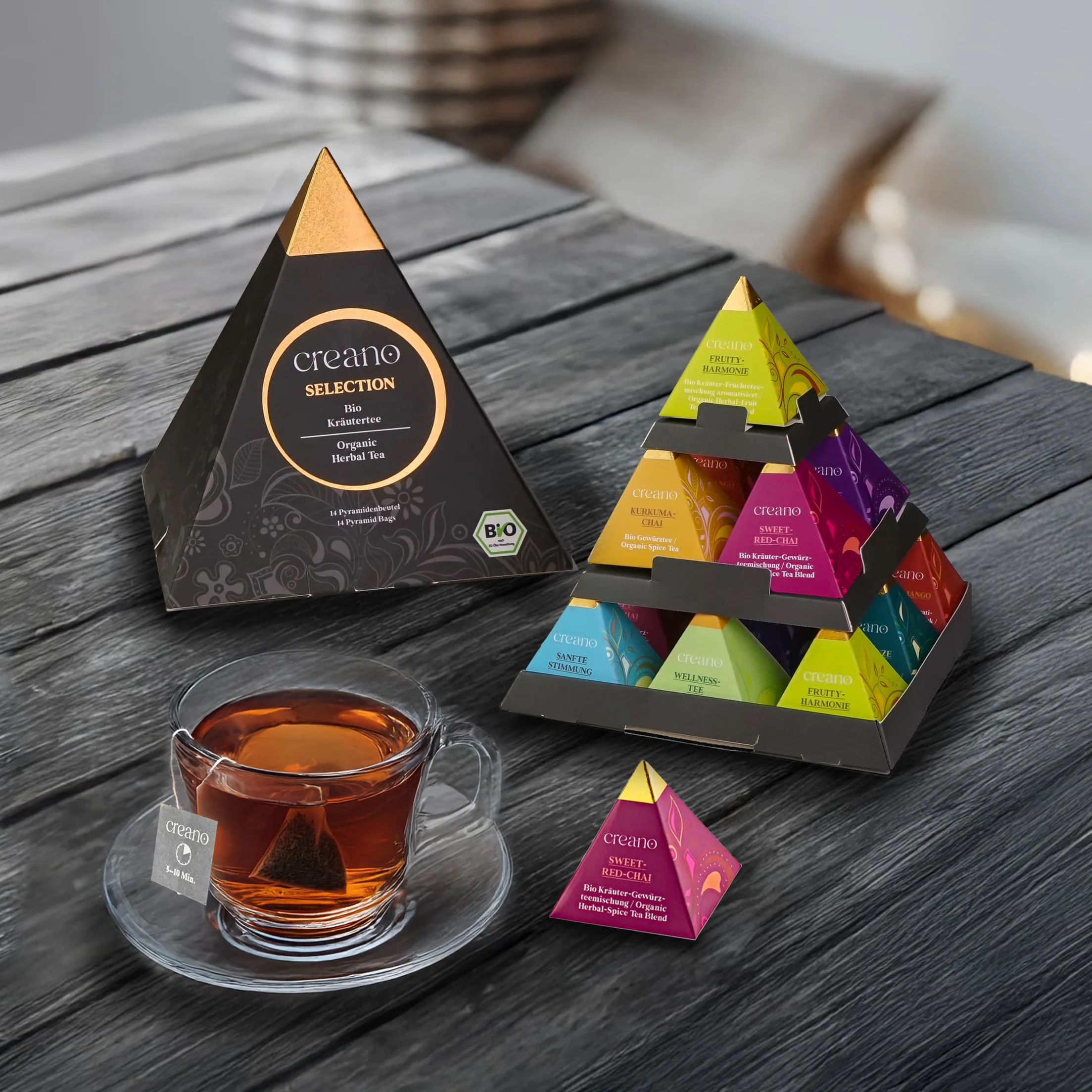 Creano Set de Regalo Té Bio Infusión Hierbas 24 Bolsitas Piramidales 9 Variedades Sin Cafeína