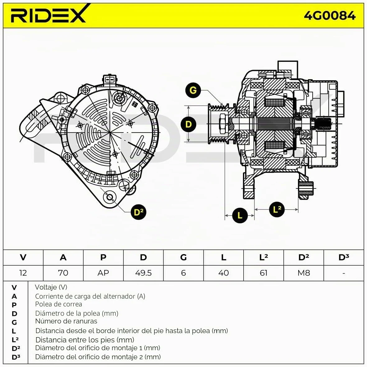 RIDEX 4G0084 Alternador Compatible con VW Transporter T4 Bus 70B, 70C, 7DB, 7DK, 70J, 70K, 7DC, 7DJ