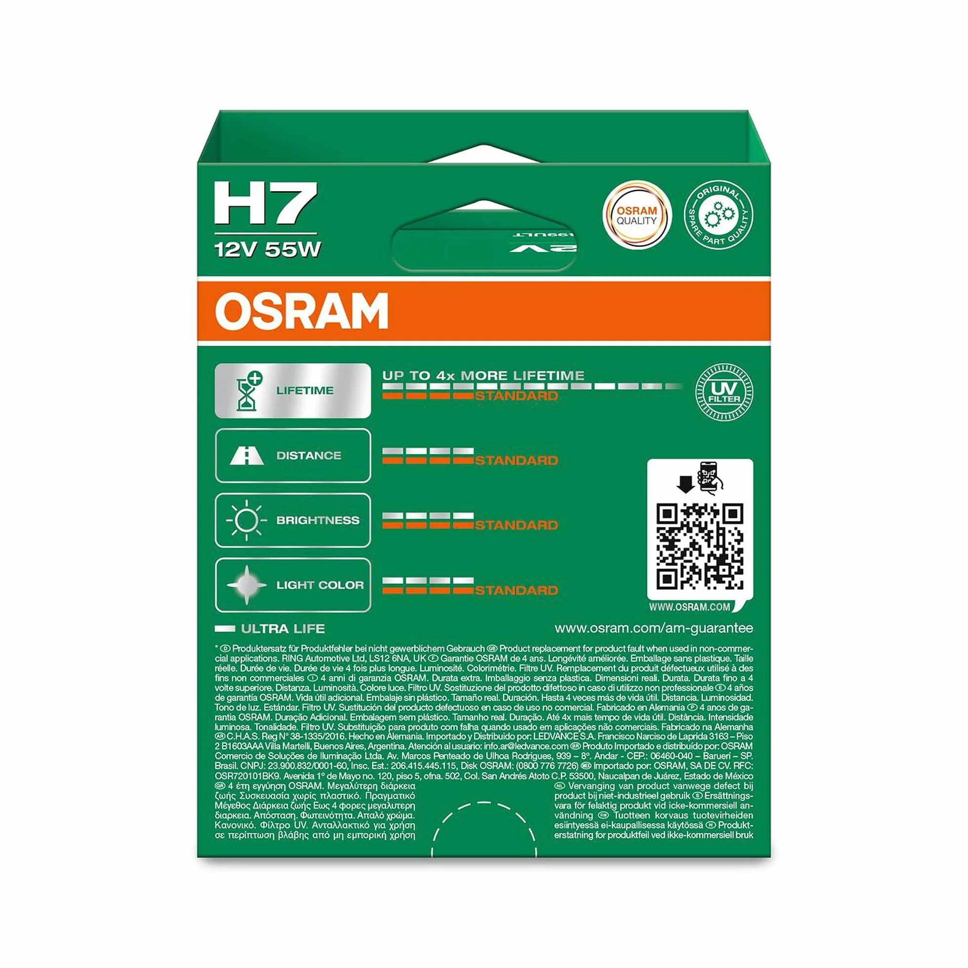 OSRAM ULTRA LIFE H7 Lámparas Halógenas Faros Caja Plegable 2 Unidades