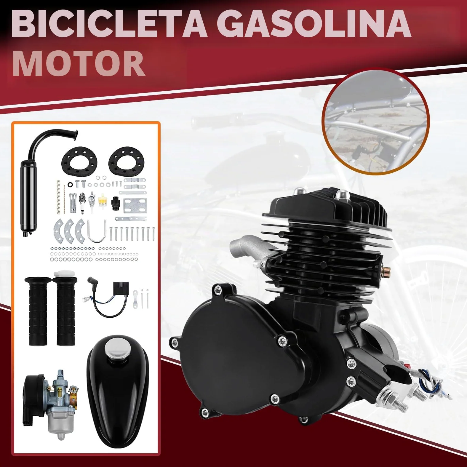 Kit Motor Bicicleta 2 Tiempos 80cc Gas Conversión Bicicleta Motorizada 28 Pulgadas Negro