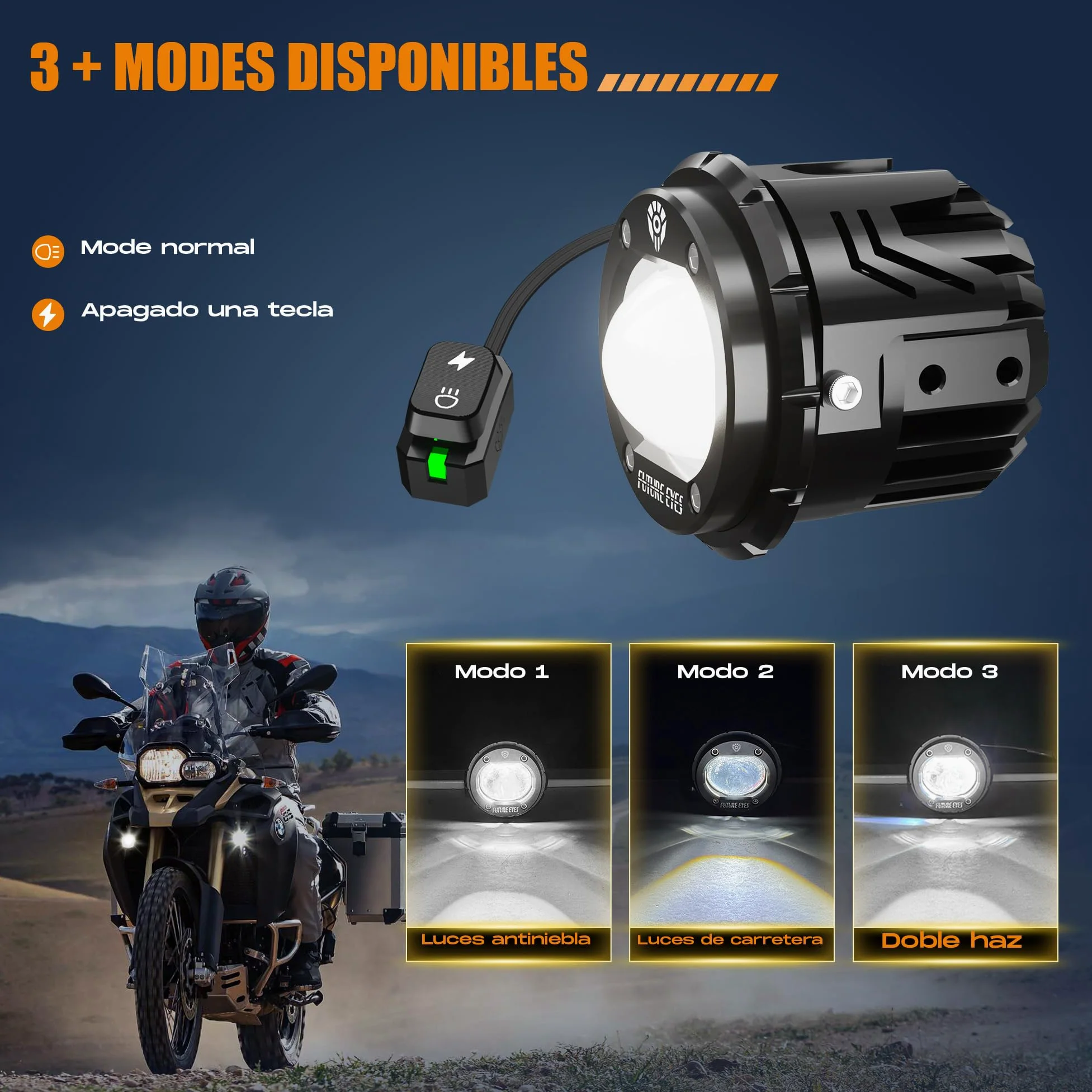 Future Eyes Faros Antiniebla LED para Moto, Foco Auxiliar de 60W con Giro de 360°, Luz Larga/Luz Corta, Luces Impermeables para Conducción Nocturna, ATV, UTV y Faros de Motocicleta