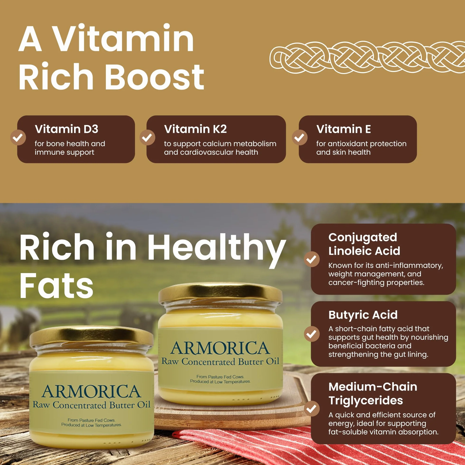 ARMORICA Aceite de mantequilla concentrado 230 g Hecho de leche de vaca alimentada con pasto Fuente de vitaminas solubles en grasa Rico en grasas saludables