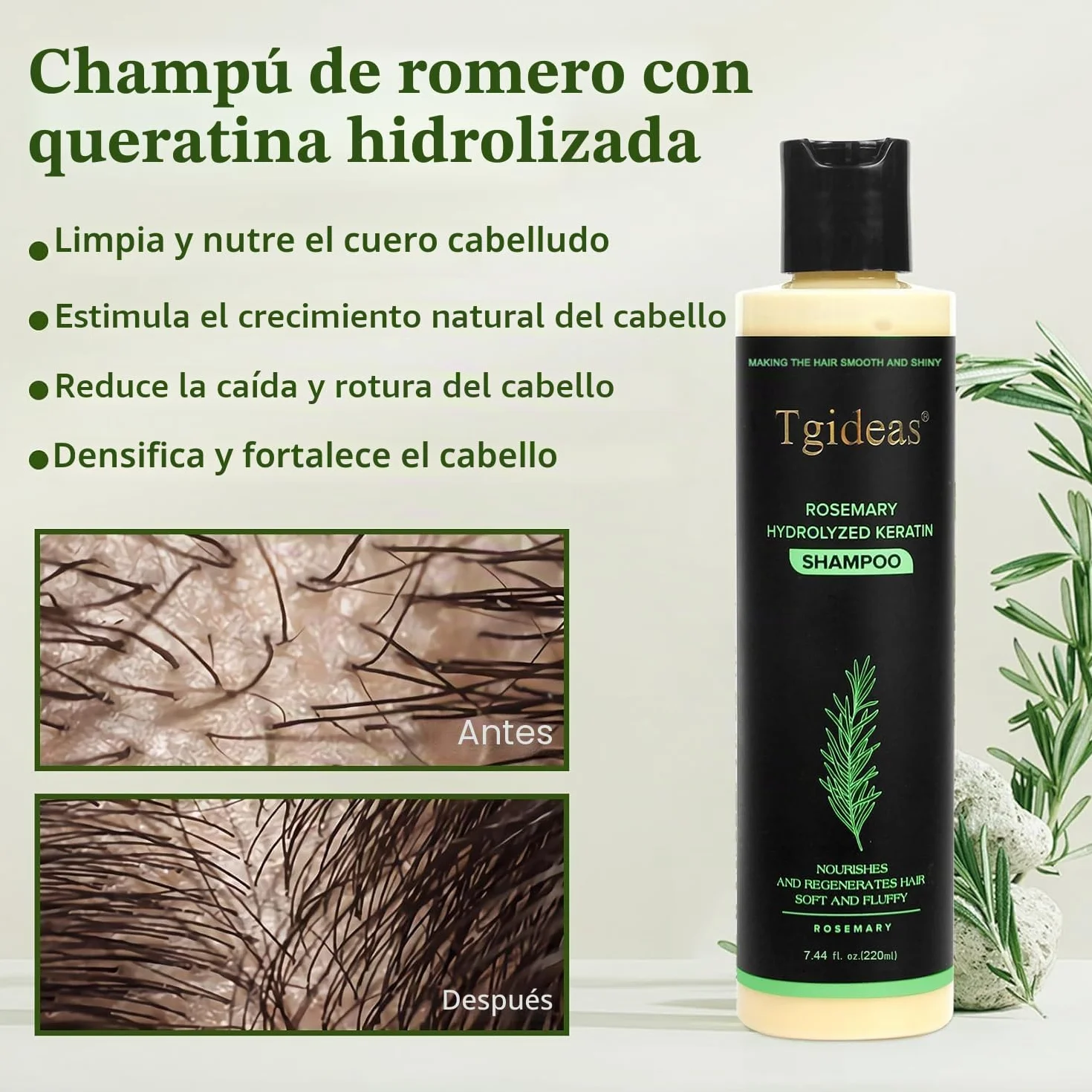 Champú orgánico de romero para crecimiento y fortalecimiento del cabello con queratina hidrolizada 7,4 ml