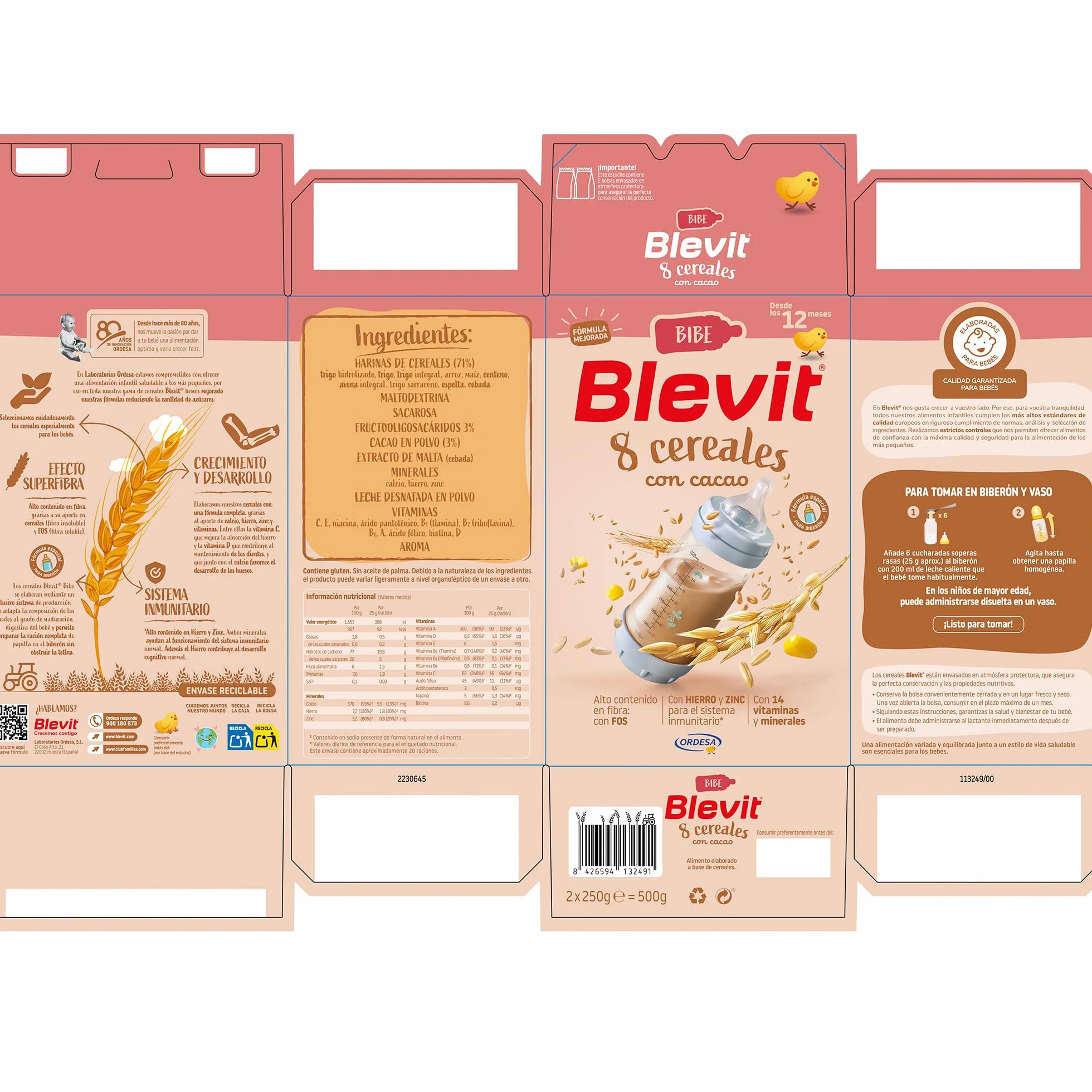 Blevit Bibe 8 Cereales con Cacao 500g Papilla para Bebé 12 meses 14 Vitaminas y Minerales