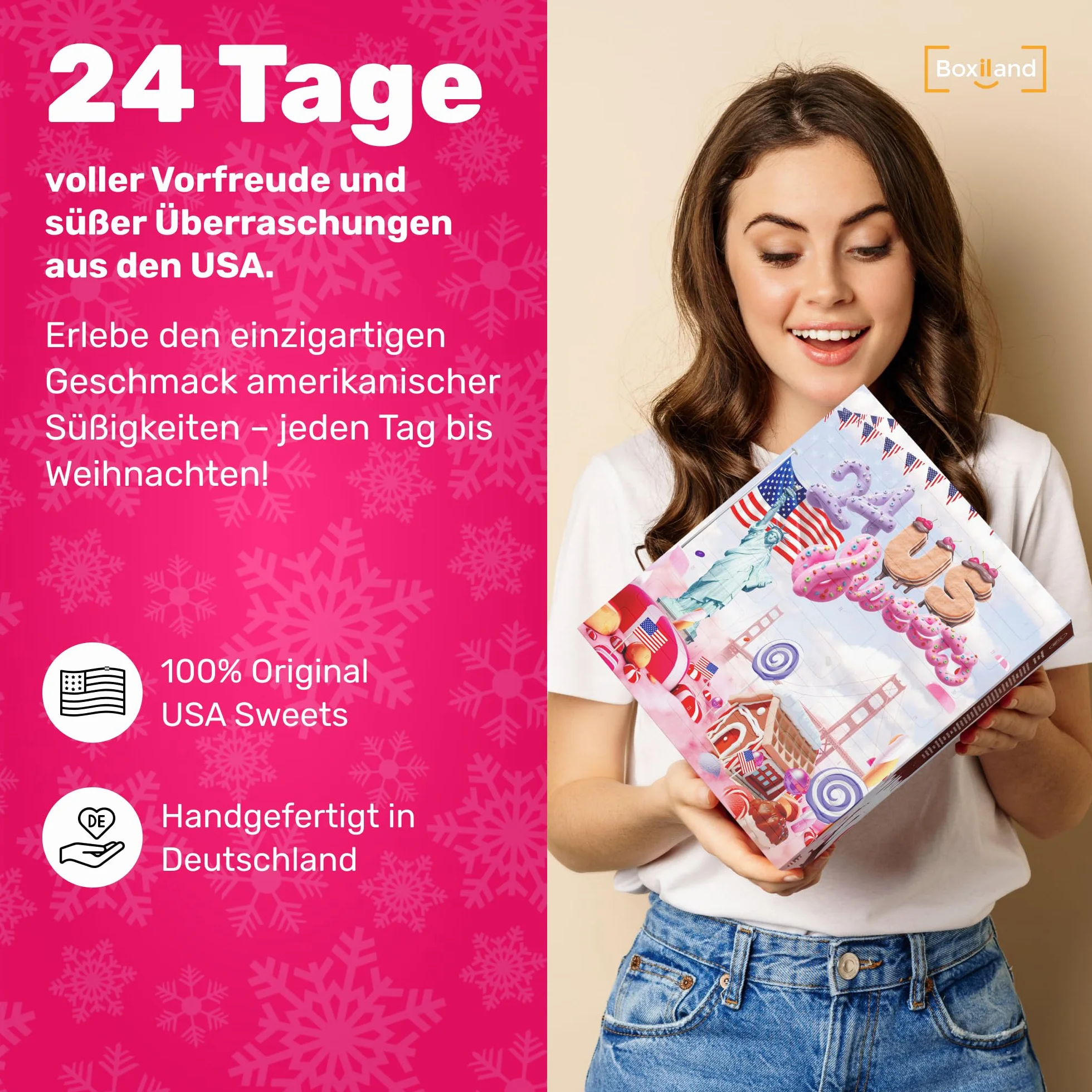 UMBRELLA® Calendario de Adviento USA 2025 con Golosinas Americanas Originales – 24 Dulces USA para Niños, Mujeres y Hombres