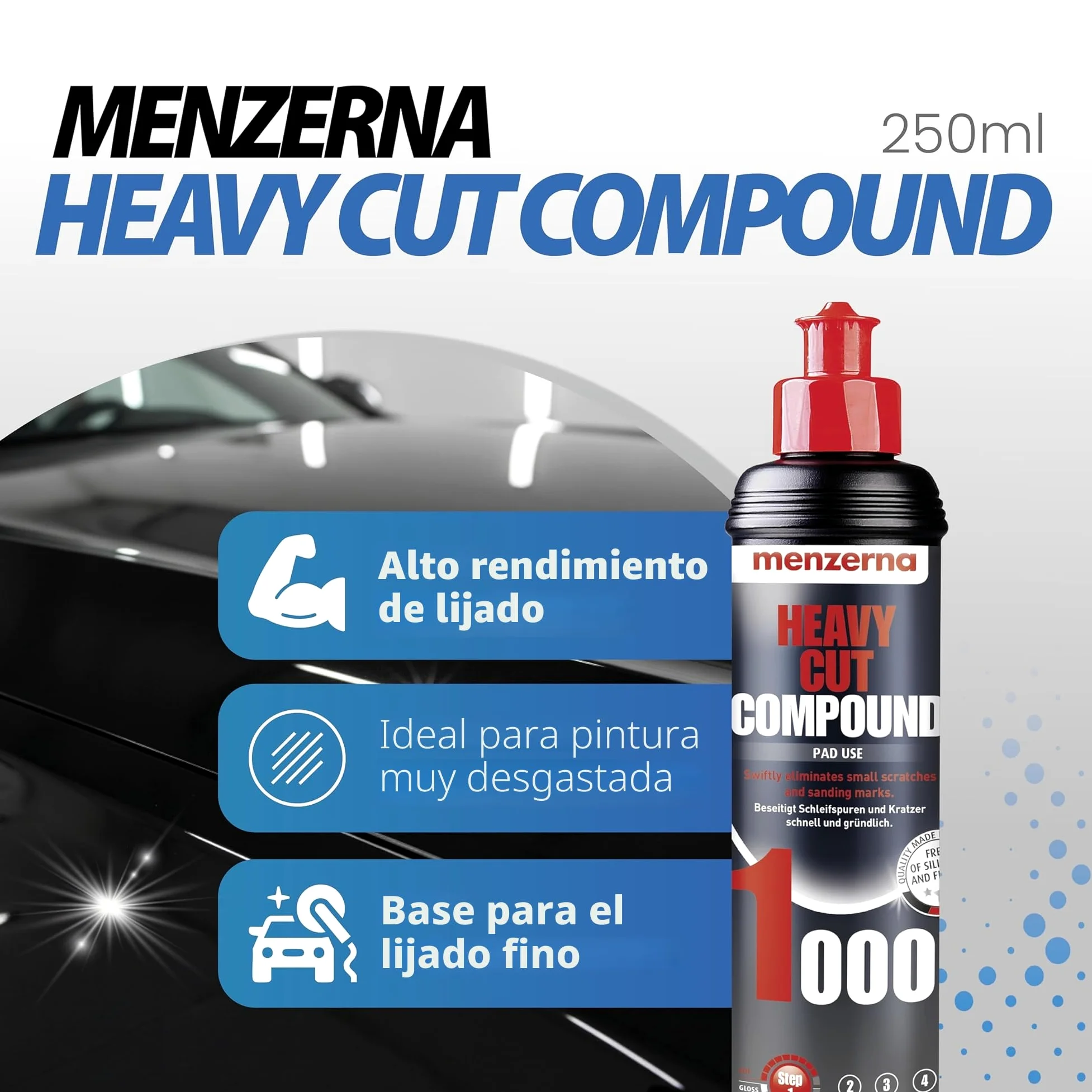 Menzerna Car Polish Set: Menzerna Heavy Cut Compound 1000 + Medium Cut Compound 2500 + Super Finish Plus 3800 + Power Lock Sachet 20ml + 4X Paño de Microfibra 40x40cm