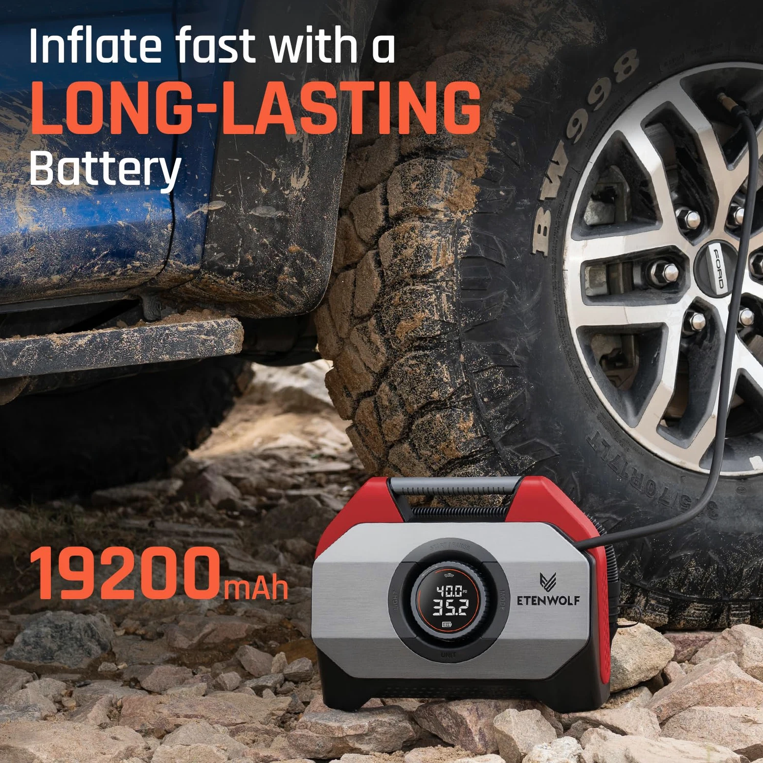 ETENWOLF VORTEX S6 - Compresor de aire portátil para vehículos pesados, bomba de aire inalámbrica para automóvil e inflables con batería de 19200 mAh, ciclo de trabajo 100% y bomba de bicicleta de