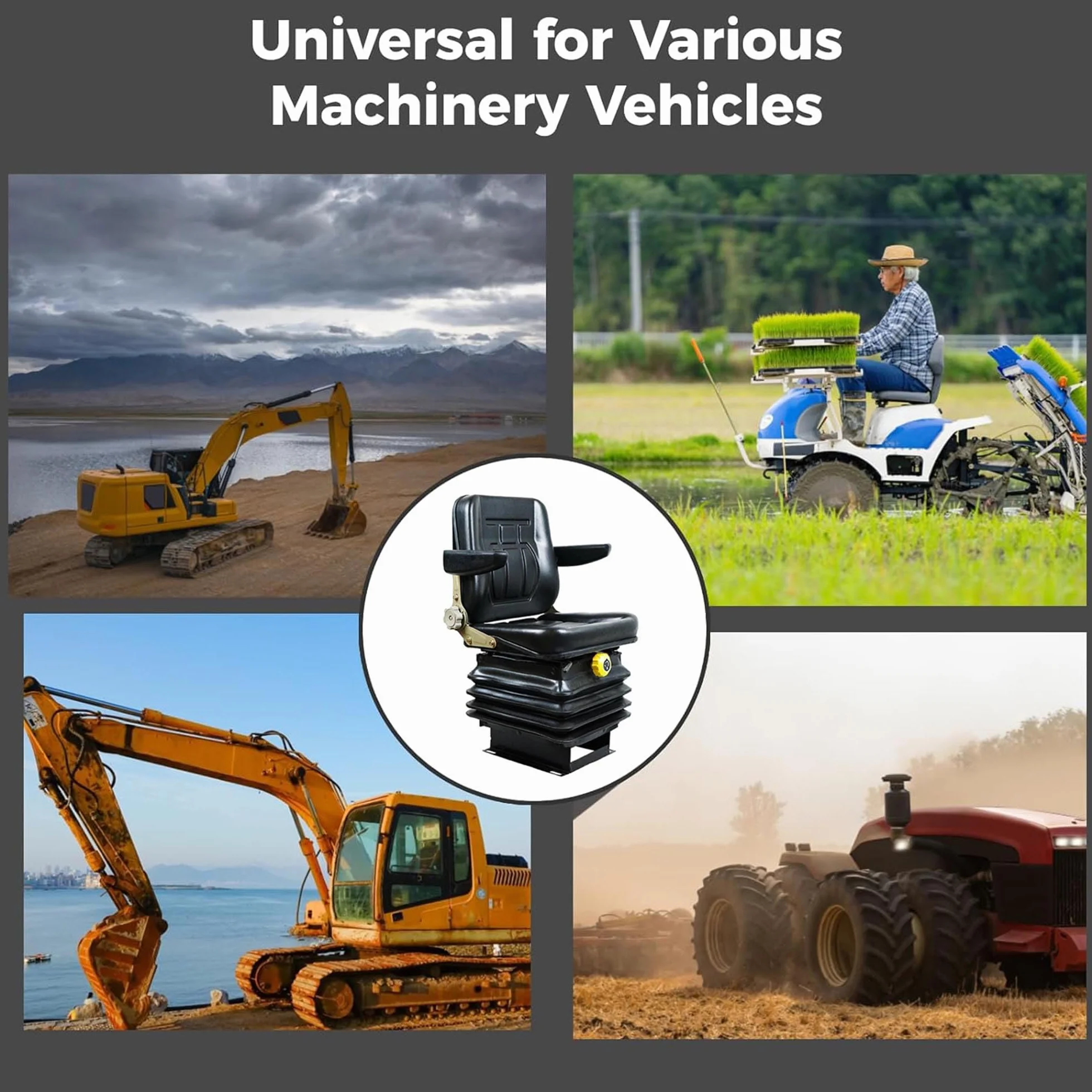 IPSU Asiento Universal para Carretilla Elevadora, Asiento De Tractor con Absorción De Impactos De 3 Niveles, Asiento De Excavadora De Cuero Plegable con Respaldo y Reposabrazos Ajustables