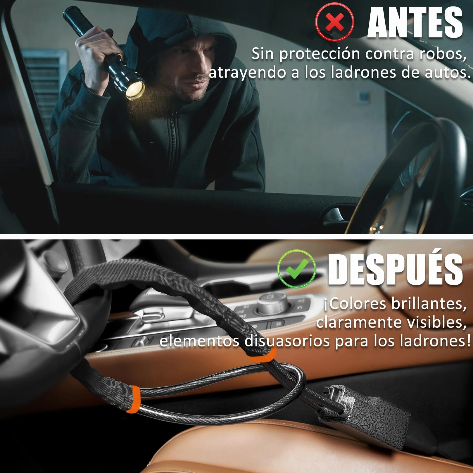 Tevlaphee Antirrobo Coche, Barra Antirrobo Coche, Cabeza Metálica, Cerradura Auto Alta Visibilidad, Robusto, Servicio Pesado, Ajuste Universal, 3 Llaves(Negro)