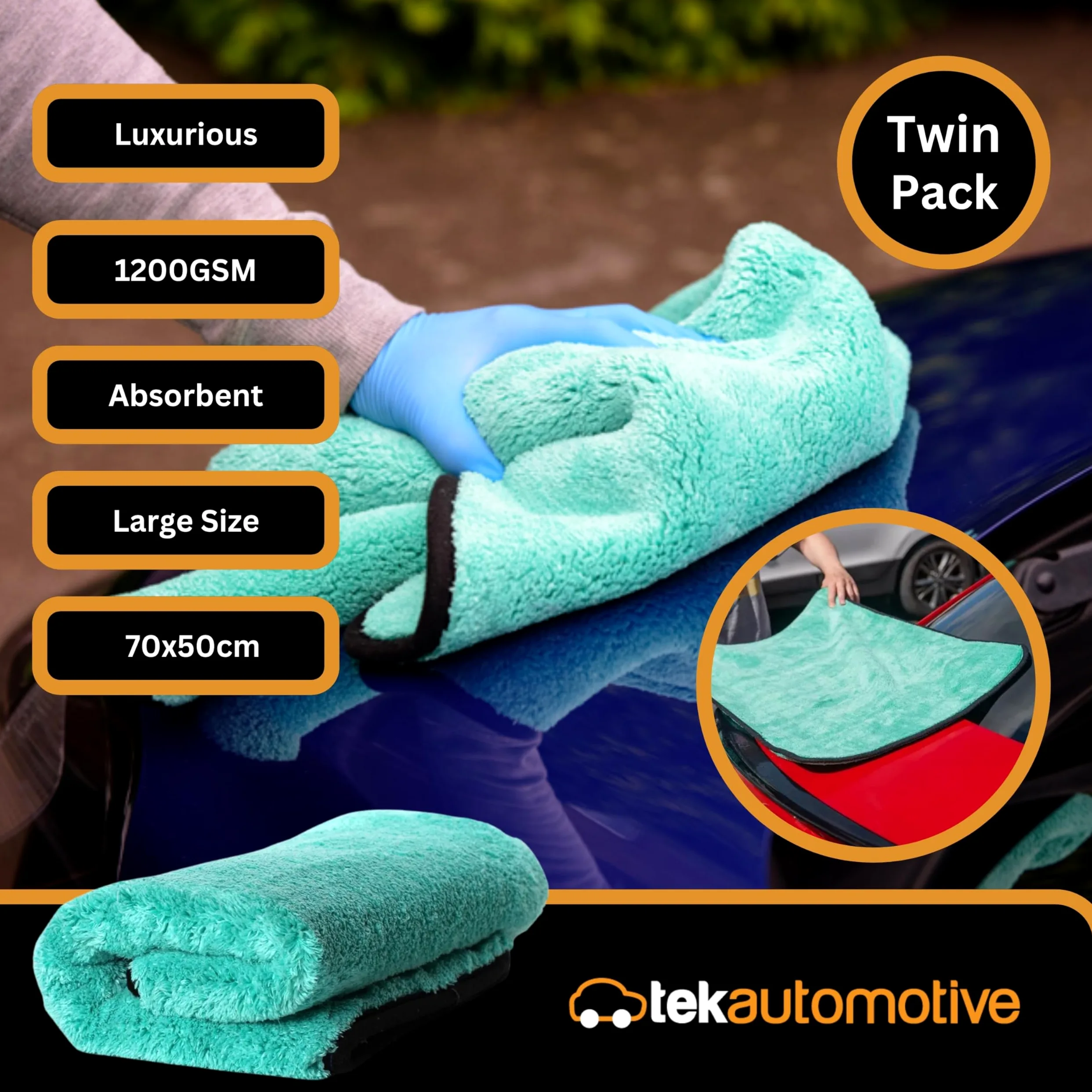 Tek Automotive Aqua - Juego de 2 toallas de secado de coche de lujo de 1200 g/m², paños de microfibra extra grandes (50 x 70 cm), superabsorbentes, ultrasuaves, para limpieza, detalles, pulido y