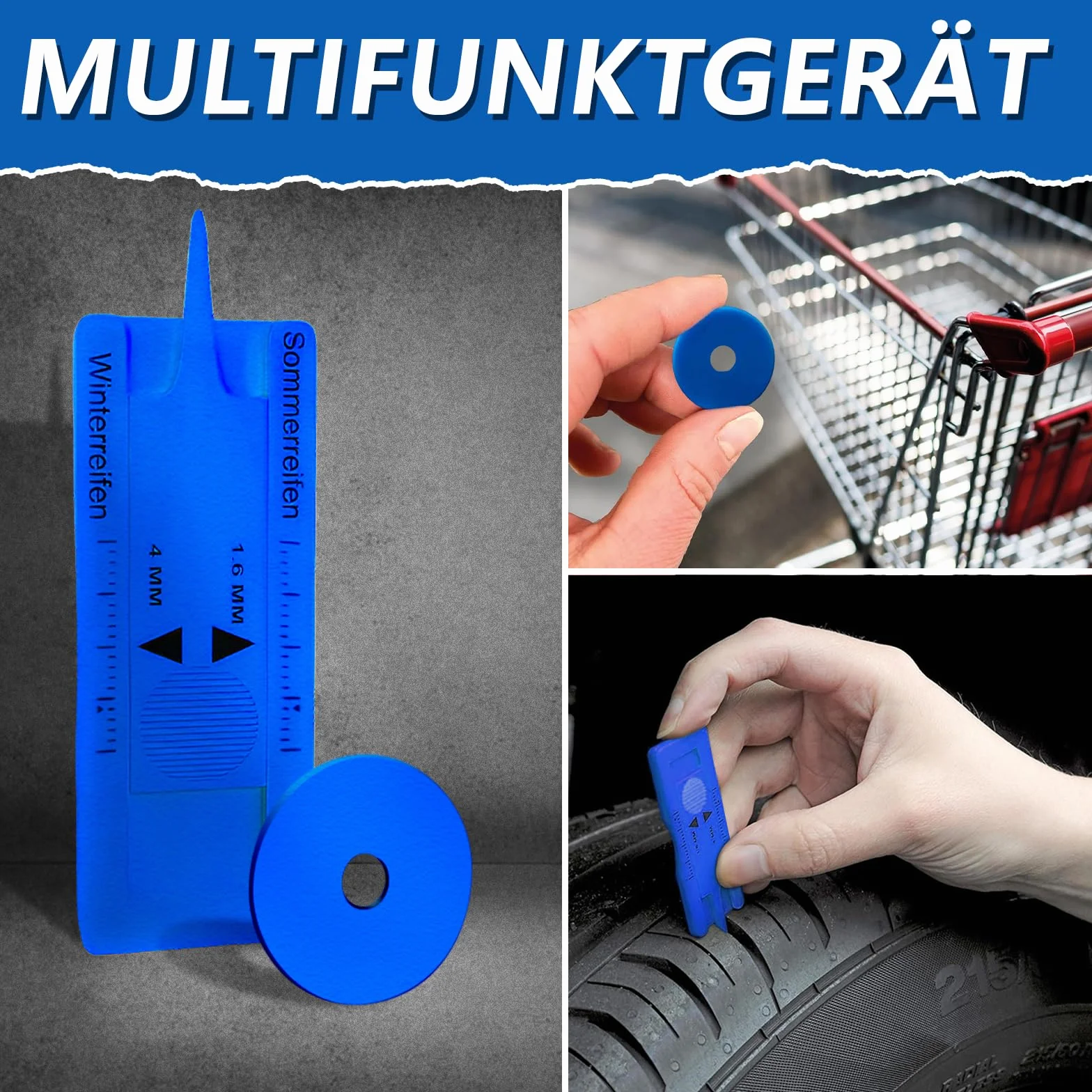 kinoco Parkscheibe mit Eiskratzer - 2 in 1 Parkuhr für Auto und Motorrad INKL. Reifenprofilmesser + Einkaufswagen-Chip | Winter Eiskratzer & Profiltiefenmesser