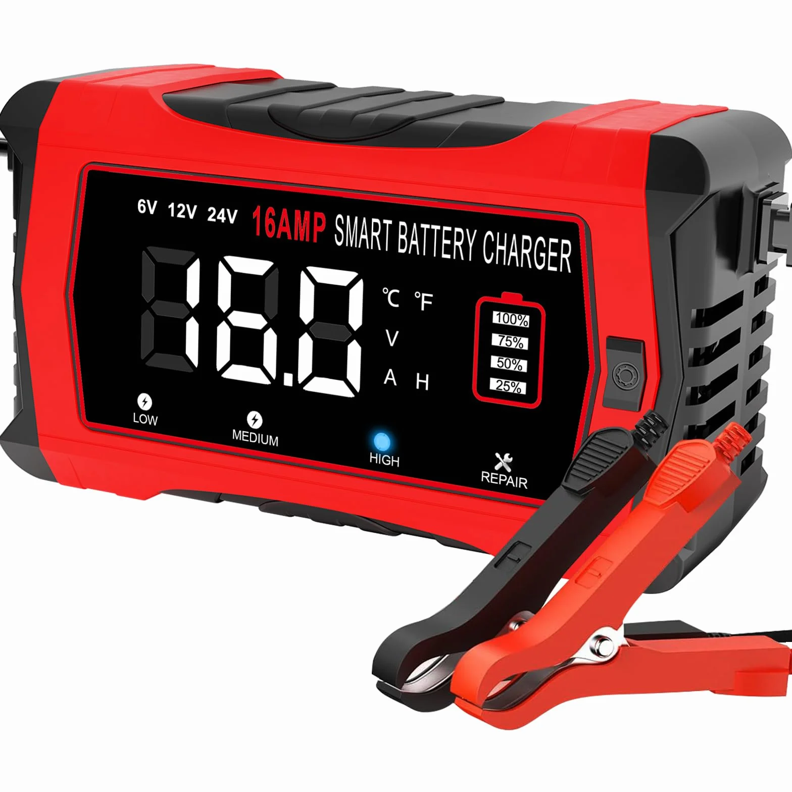 HTRC Cargador Baterías Coche 16A 6V/12V/24V con Pantalla LCD Compatible Litio LiFePO4 Plomo-Ácido