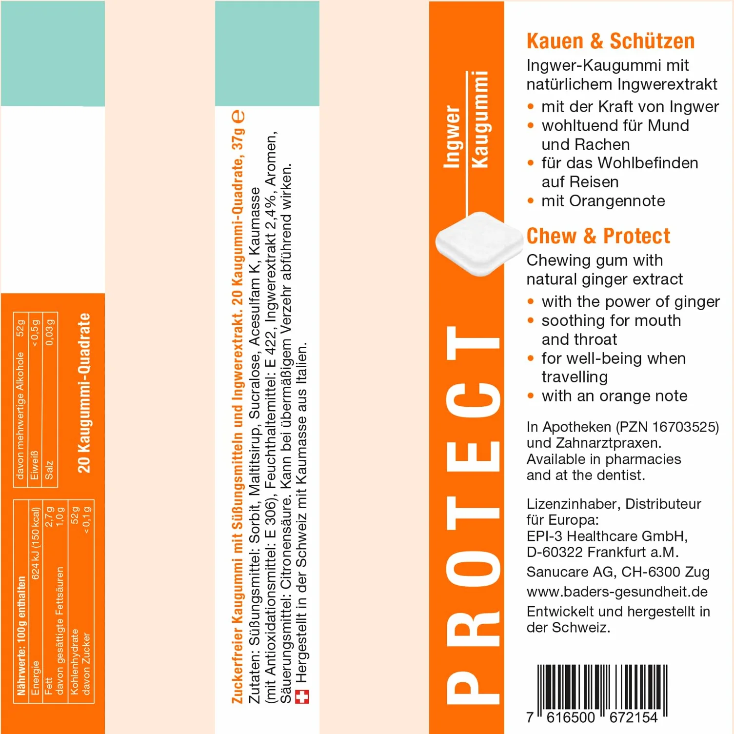 BADERs PROTECT Chicle de Jengibre, 3 x 20, Sabor Naranja, Ideal para Viajes