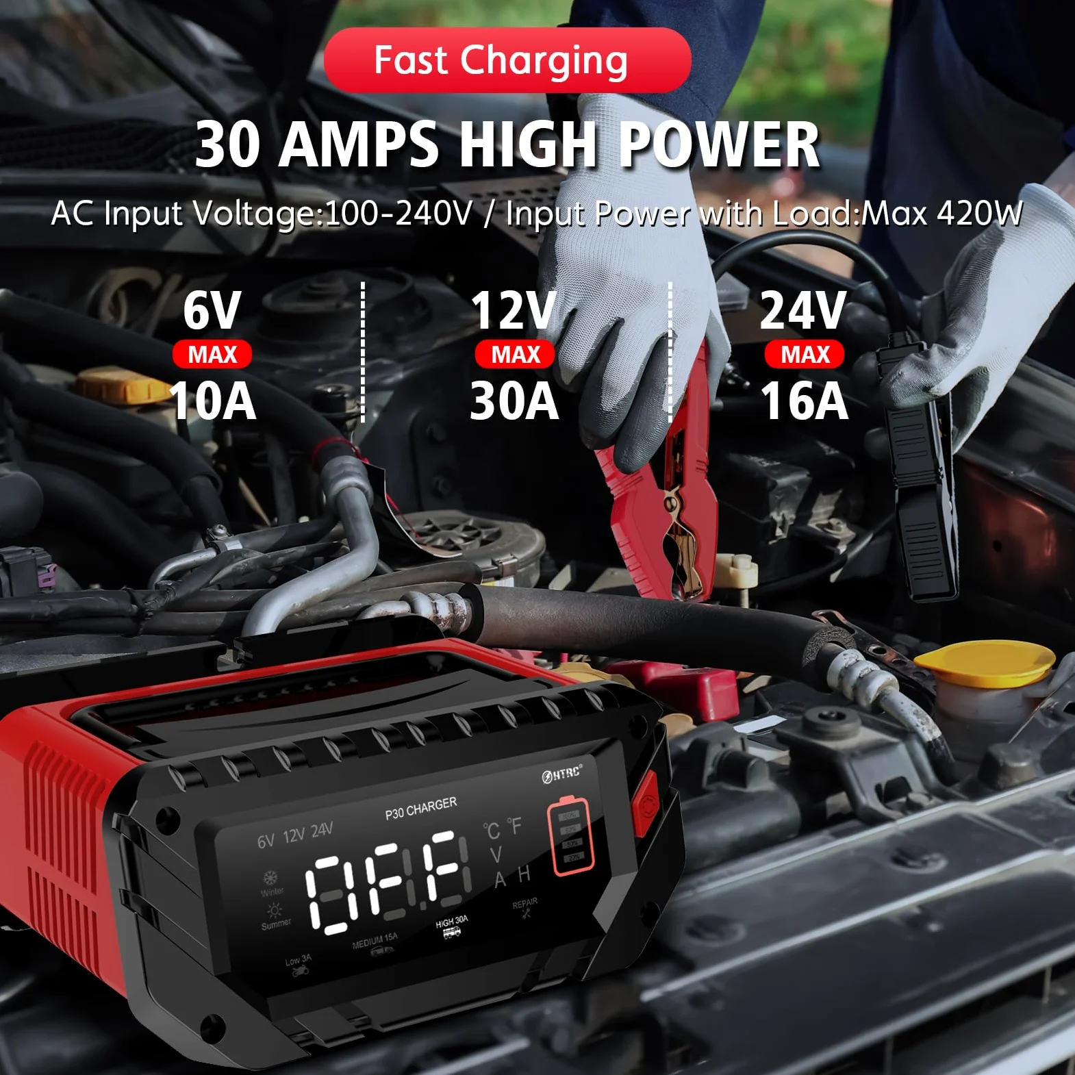 P30 Autobatterieladegerät 6V 12V 24V, intelligentes Schnelladen für Autos eignet Sich für Lithiion LiFePO4 Bleisäure (AGM, Gel, EFB, etc.), Autos, Schiffe, Rasenmäher und andere Batterietriebe.