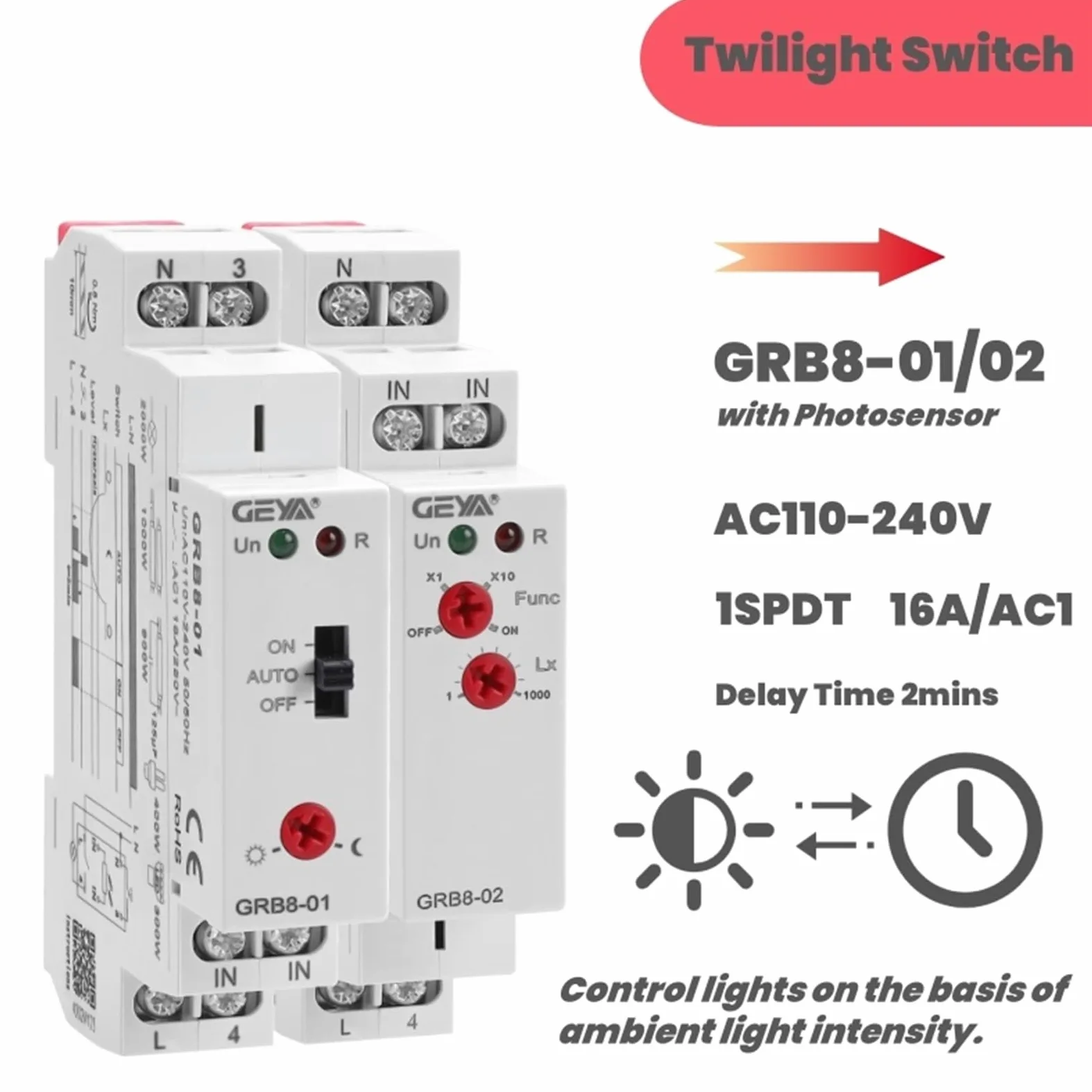 GRB8-01/02 Interruptor crepuscular de riel DIN Temporizador fotoeléctrico Sensor de luz Relé CA 110 V-240 V Automático(GRB8-01 AC110-240V)