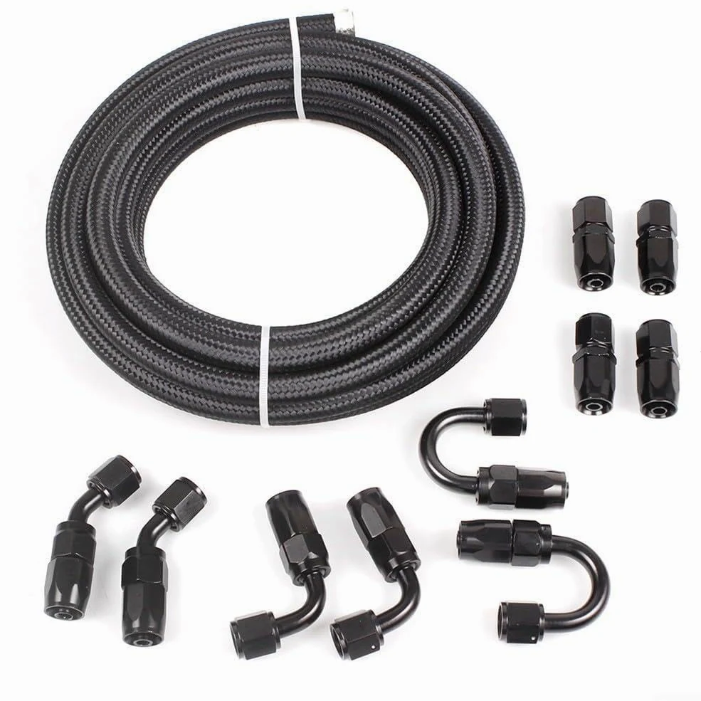 Kit de manguera de enfriador de aceite An6 de 6 metros de nailon negro para acero inoxidable trenzado con 10 accesorios para refrigerante de motor, diésel, líneas hidráulicas, líneas hidráulicas