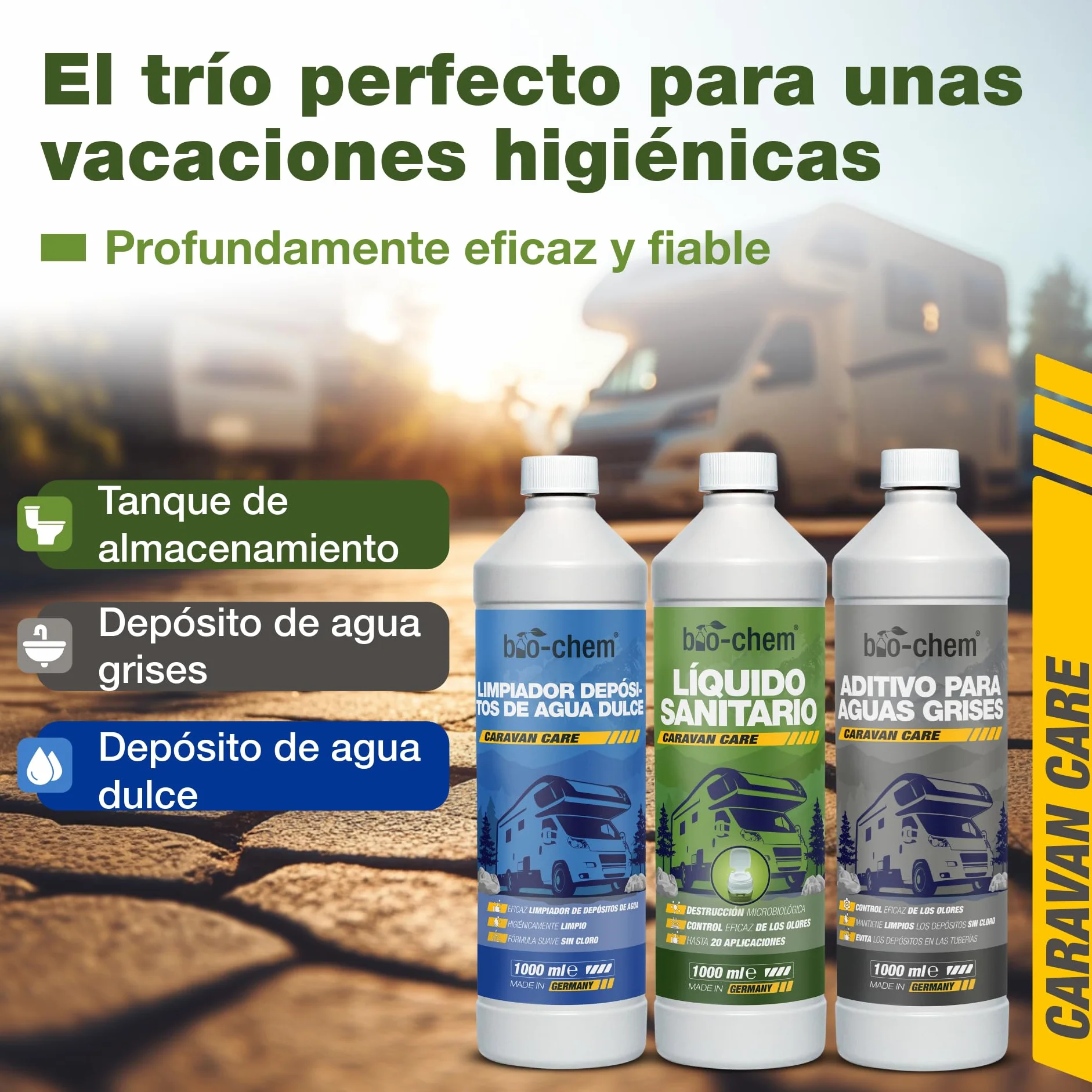Bio-Chem - Set de 3 Productos de Limpieza para aseos higiénicos de autocaravanas - Limpiador para depósitos de Agua Dulce de caravanas - Limpiador para Aguas Grises - Líquido Sanitario