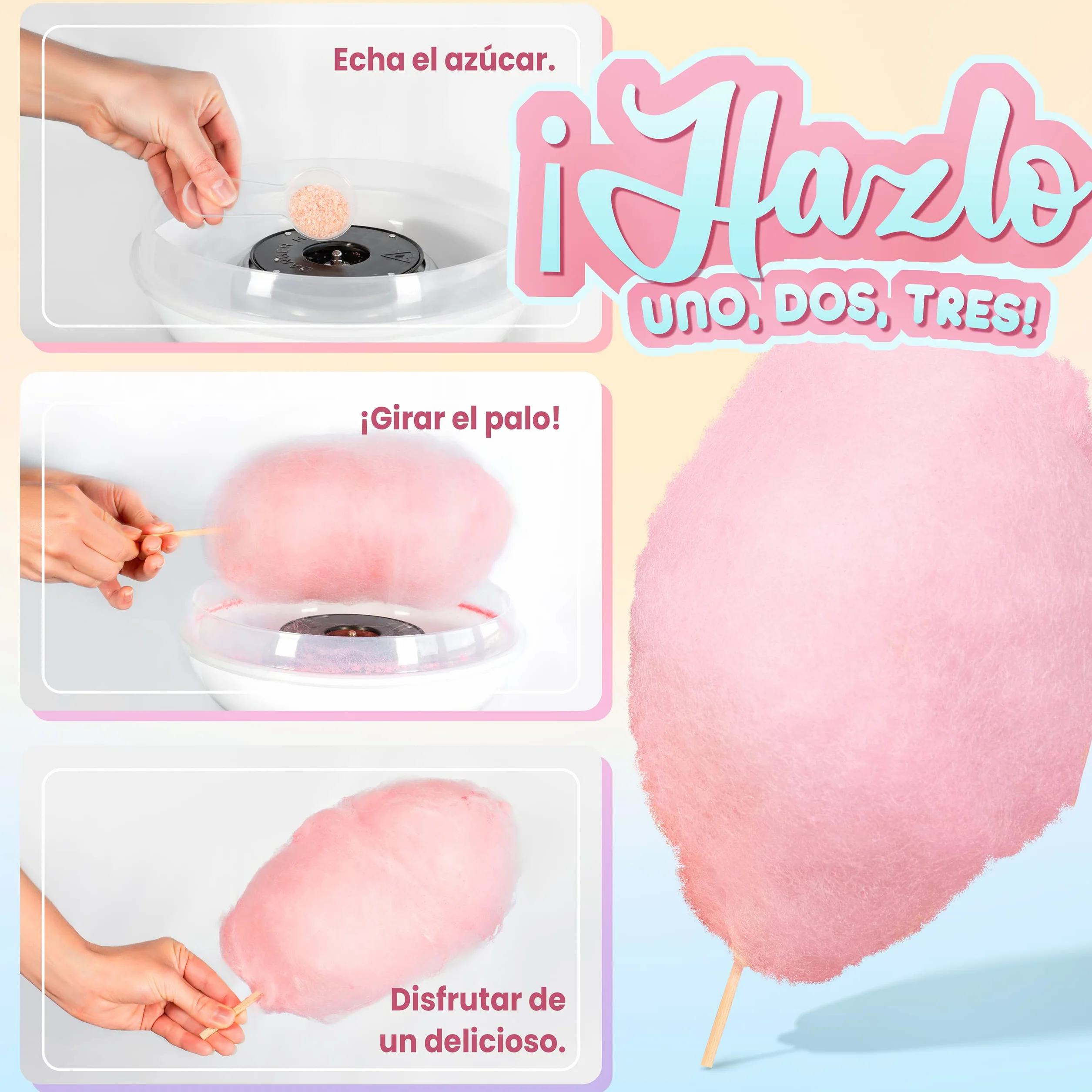 Greendoso Azúcar para Algodón de Azúcar (5x160 g) Fresa Cola Manzana Malvavisco Vainilla Aromas Naturales 20 Palitos 8 Caritas Comestibles
