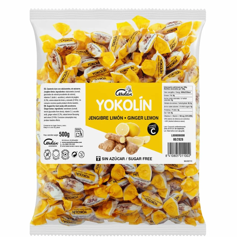 Caramelos Cerdán Yokolín Caramelo sin Azúcar Sabor Jengibre Limón con Vitamina C Bolsa 150 uds 500g Caramelo Duro Sin Gluten