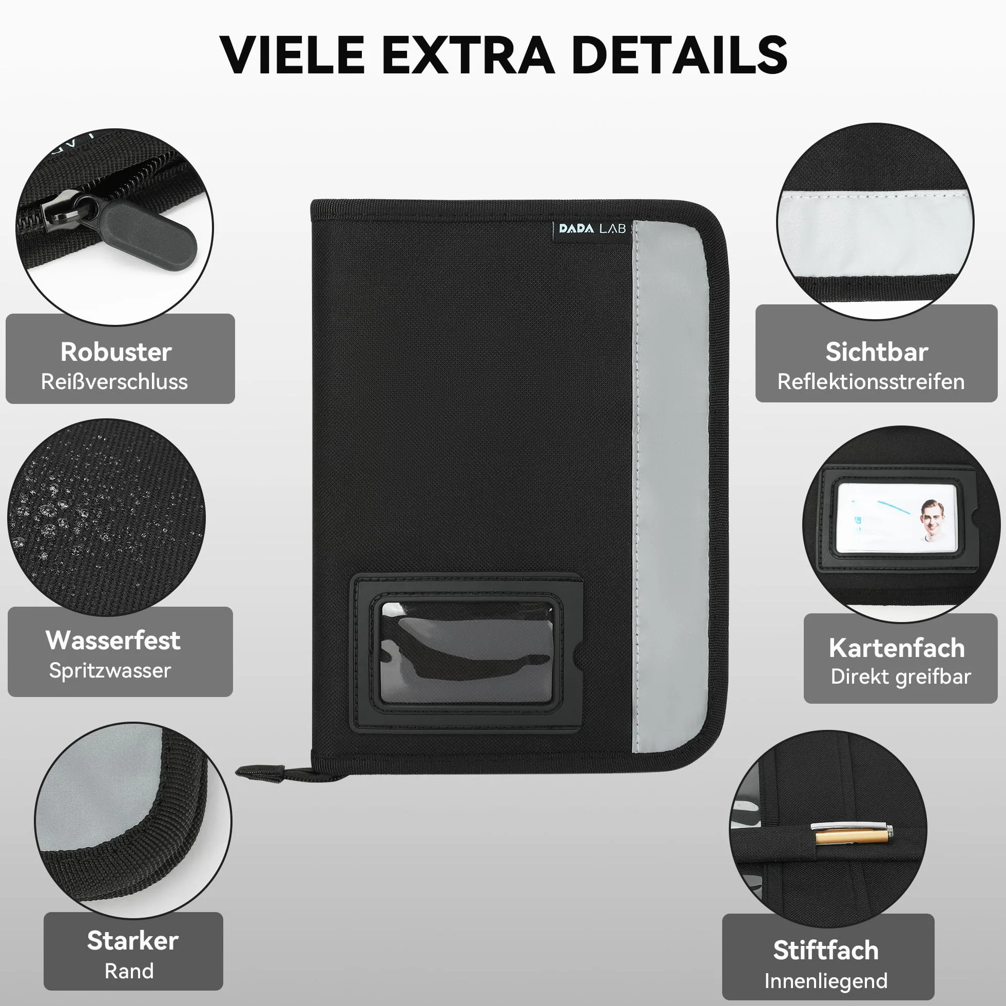 Carpeta para coche A5, guantera, 4 compartimentos, rayas reflectantes, compartimento para tarjetas separado, carpeta para documentos, color negro