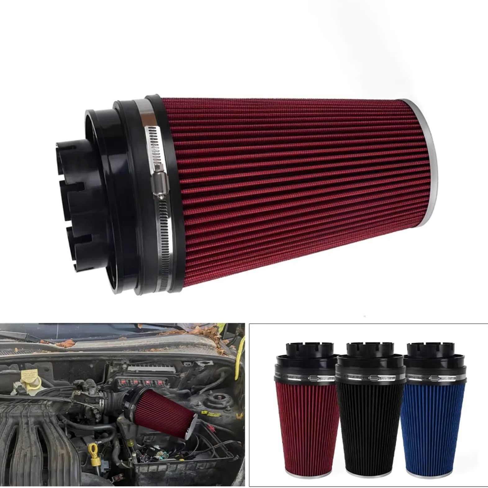 4 Pulgadas 102 Mm Para Alto Flujo Filtro Aire Seco Universal Coche filtro de aire motor | Piezas de modificación del motor de coche del filtro de entrada de aire con cabeza de seta(Black)