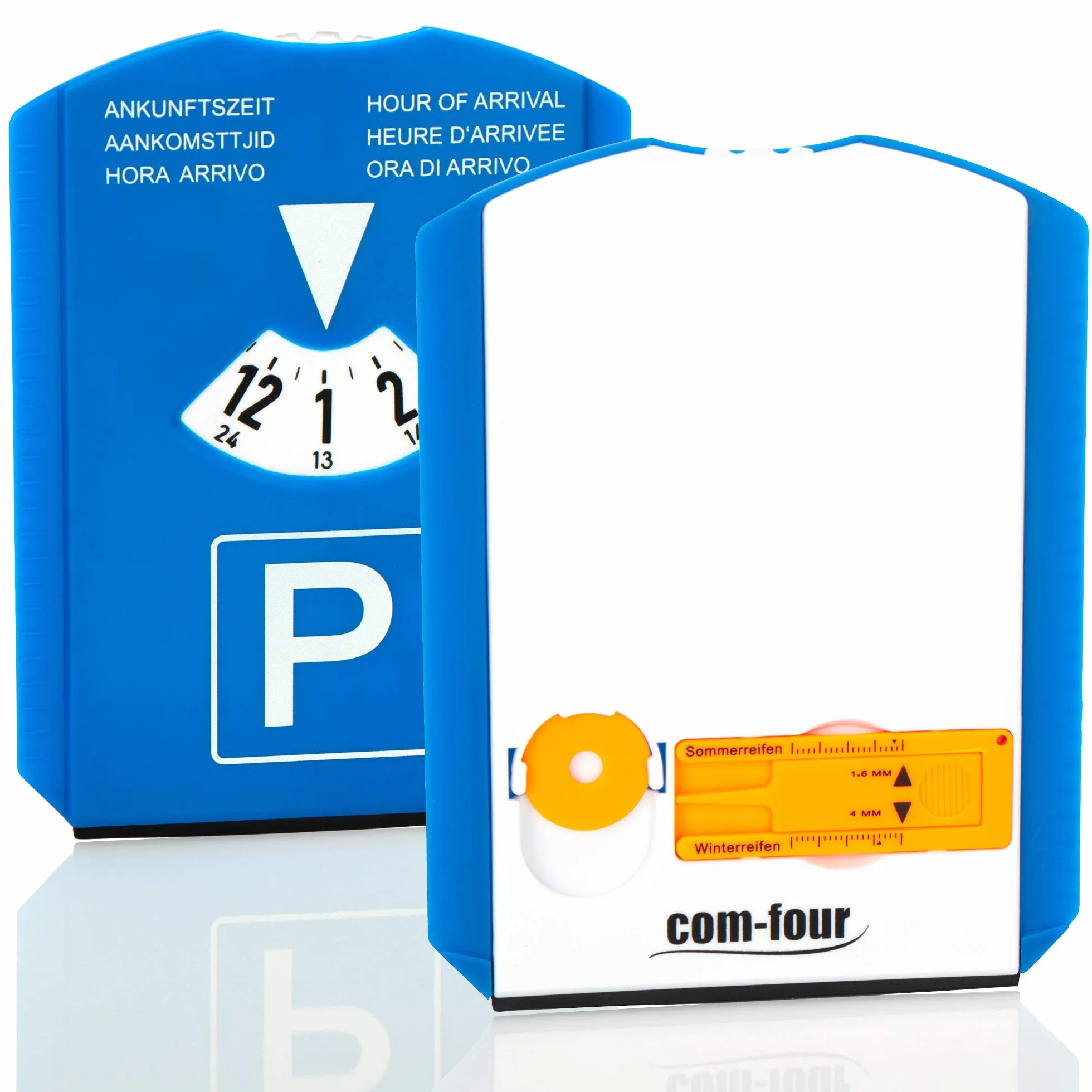 com-four® 2X Disco de Aparcamiento con Raspador de Hielo, Borde de Goma, Chip para Carro de Compra y Medidor Perfil Neumático - Parquímetro de Plástico (02 Piezas - con Chip + Cuchillo perfilado)