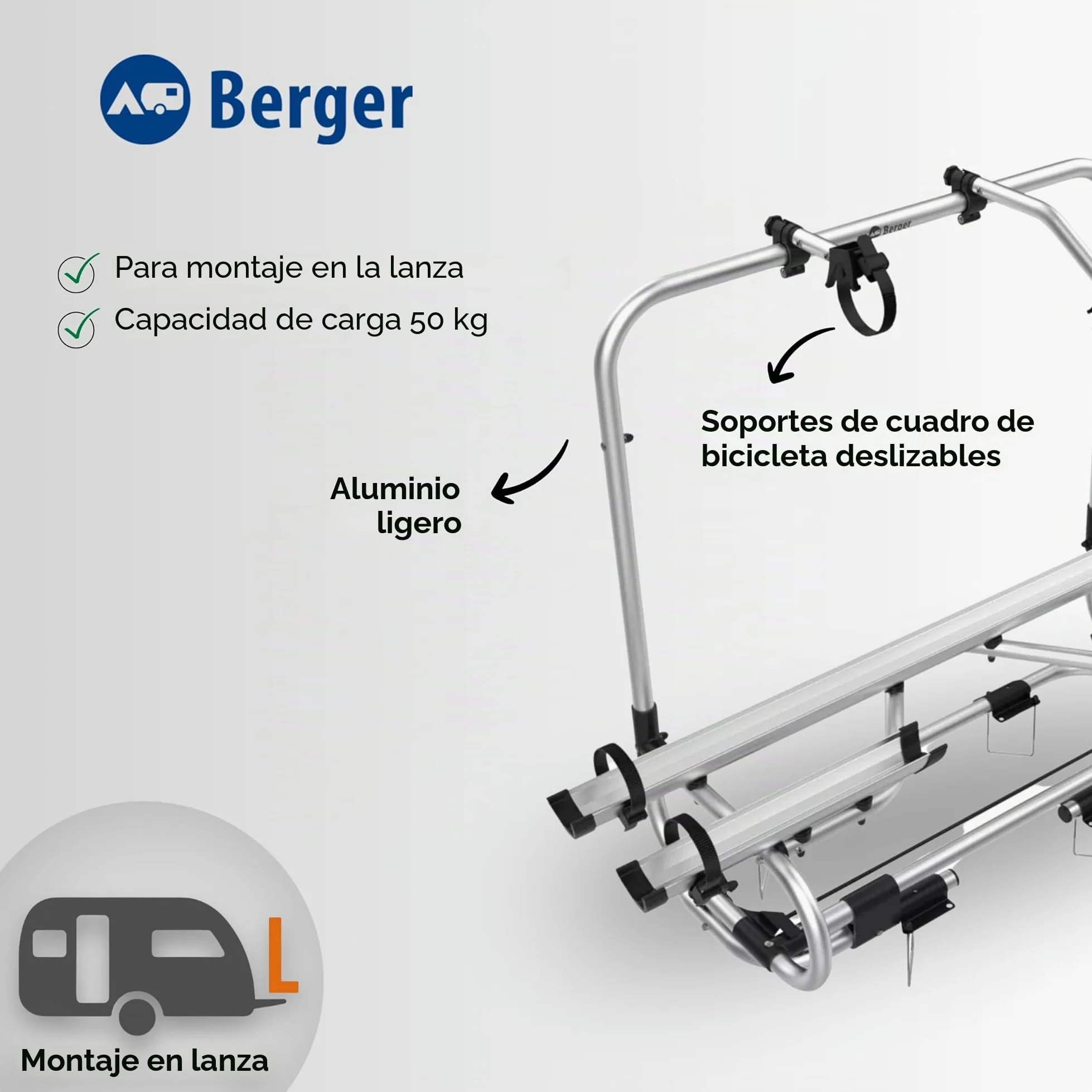 BERGER Portabicicletas para caravanas | Portabicicletas Premium 2XL para 2 bicicletas de hasta 50 kg de capacidad de carga | completamente plegable para facilitar el acceso a las aberturas de la