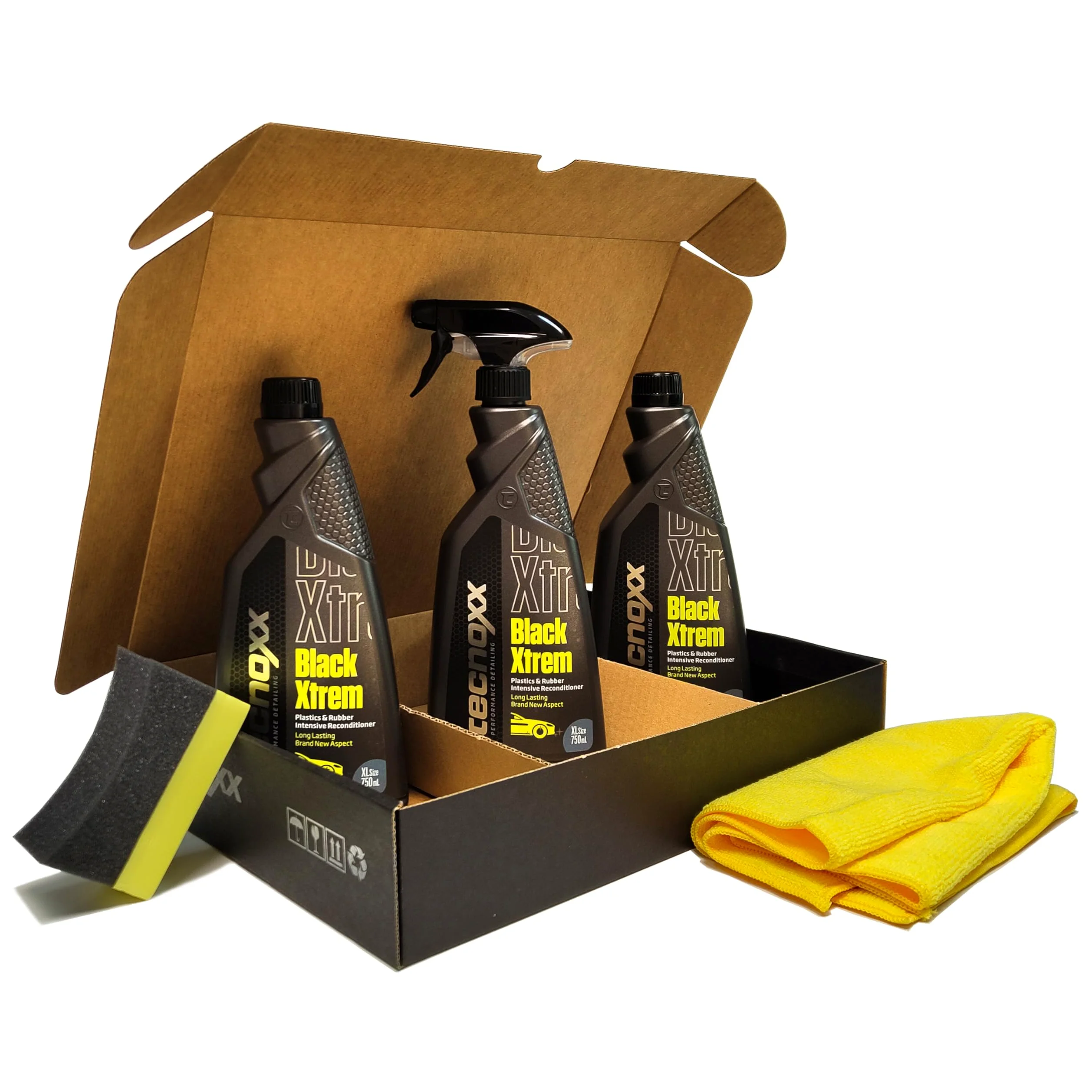 Tecnoxx Black Xtrem Restaurador de Plásticos y Gomas Exteriores para Coche – Protección UV, Brillo Natural, Durabilidad Extrema, Pack 3 Unidades + Esponja y bayeta de Microfibra