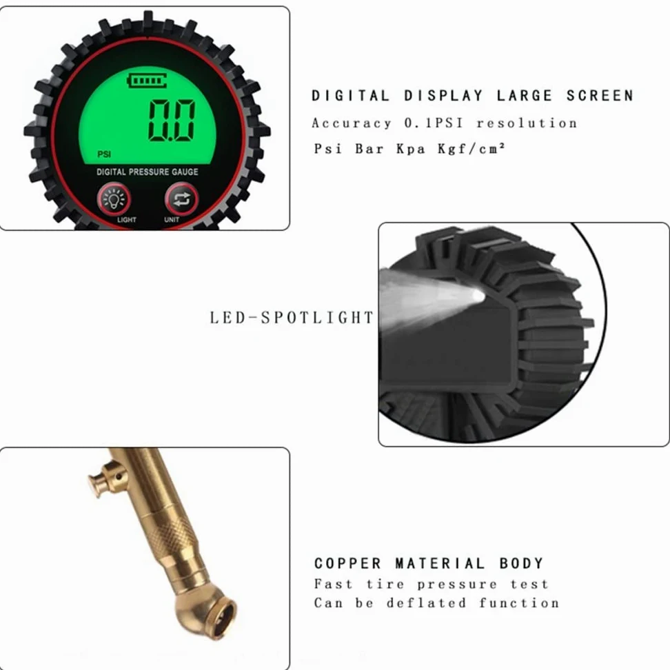 AGAATI Manómetro Digital para neumáticos, Mandril de Aire y Accesorios para compresores, Pantalla LCD, Foco LED Resistente, 255PSI