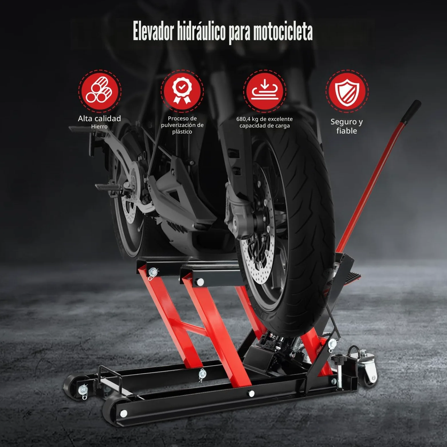 Plataforma elevadora hidráulica para motocicleta, capacidad de carga de 680 kg y ajuste de altura 115-365 mm, con pasadores de seguridad y ruedas, para reparación y mantenimiento de vehículos todo