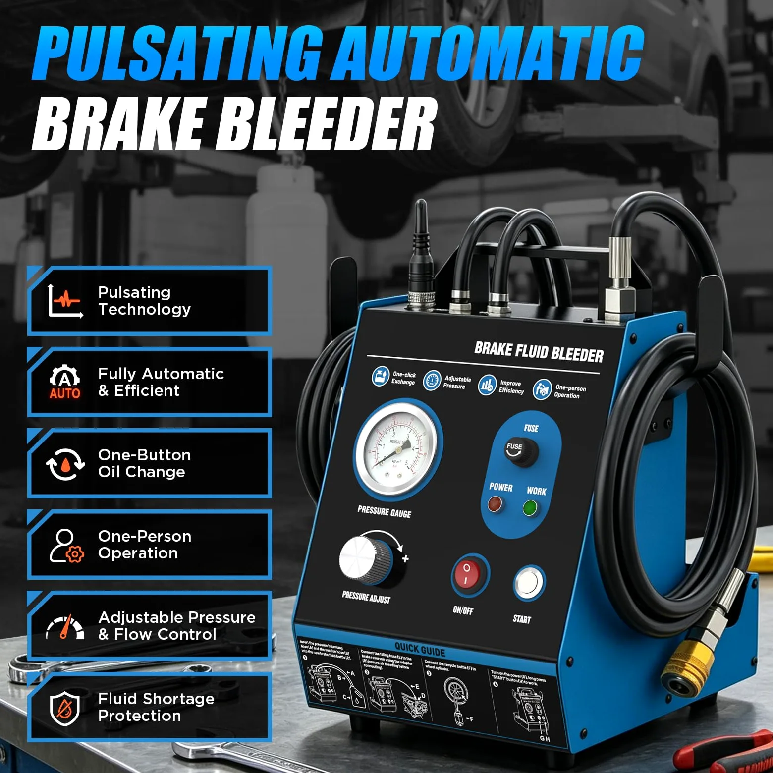 Kit de purga de frenos automática de 220 V, purgador de líquido de frenos de pulso de potencia 7-36 PSI, relleno de vacío sin aire, purga de freno de presión ajustable con protección contra